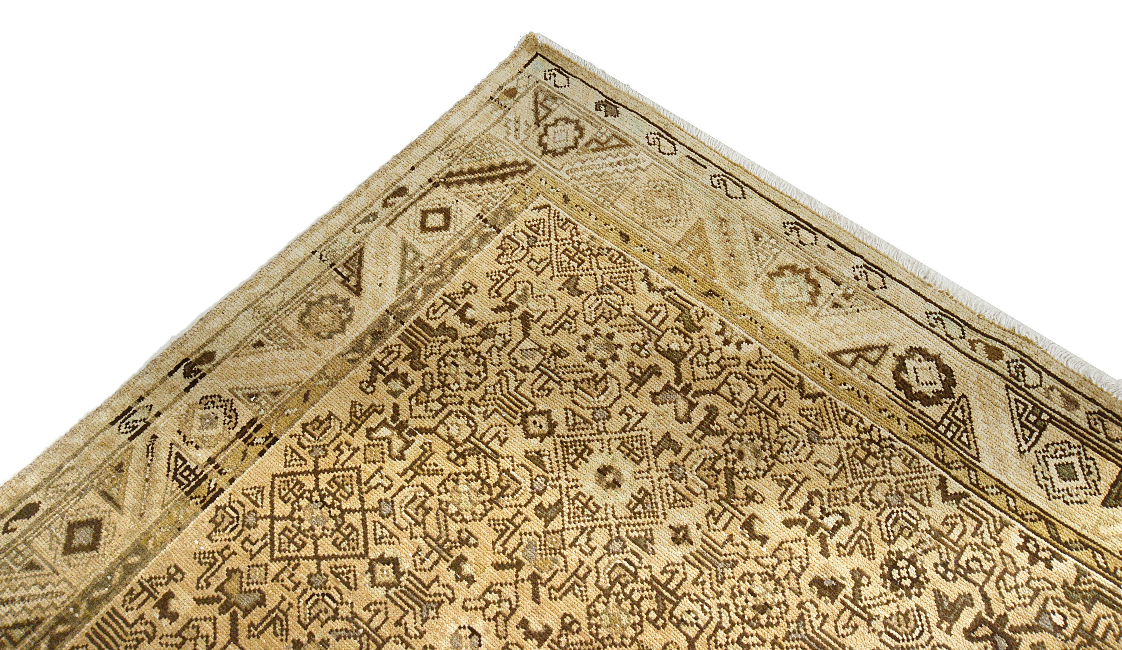 Close-up details of vintage Persian Malayer rug showing wool texture, borders, and natural patina
