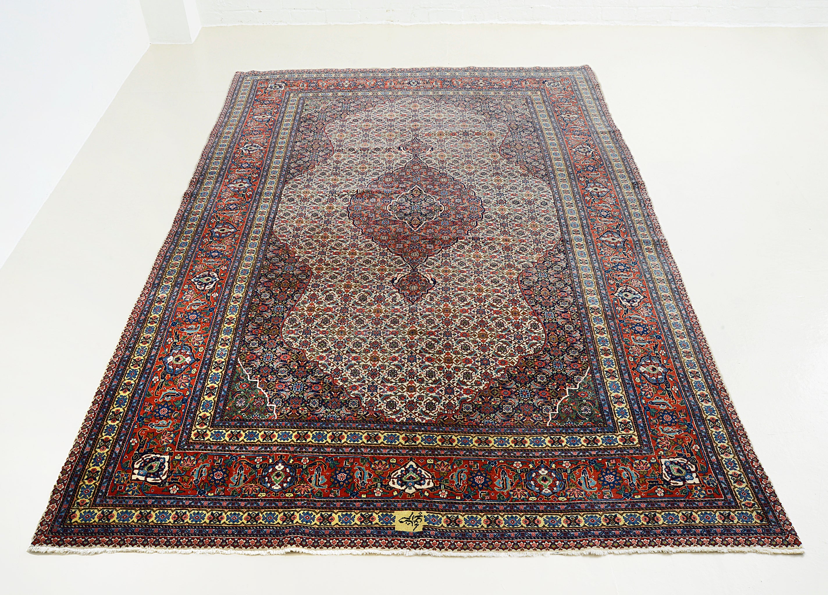 Full view of vintage Persian Tabriz carpet 350x213 cm handwoven in Iran, circa 1940
