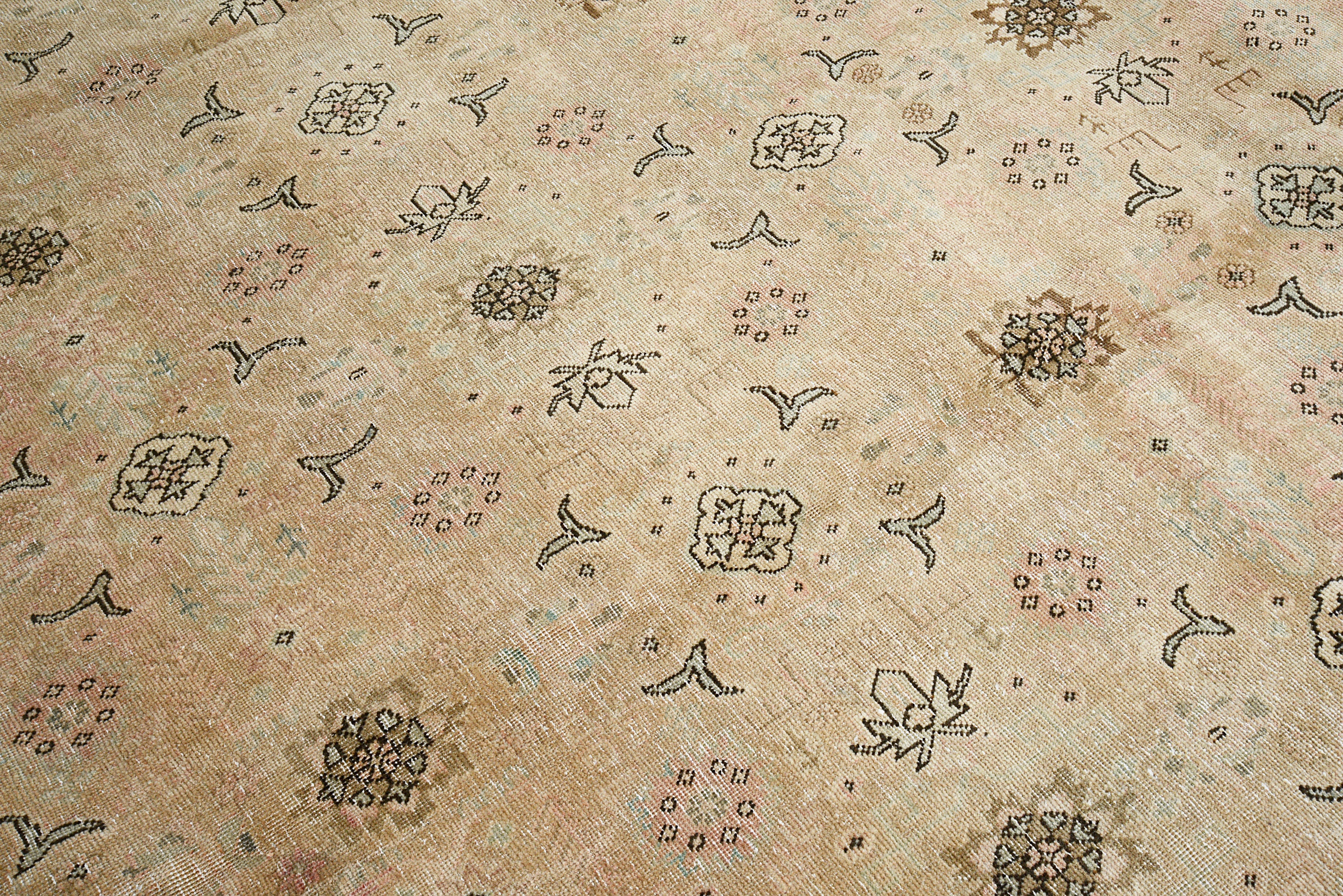 Close-up details of vintage Persian Tabriz carpet showing wool texture, borders, and natural patina
