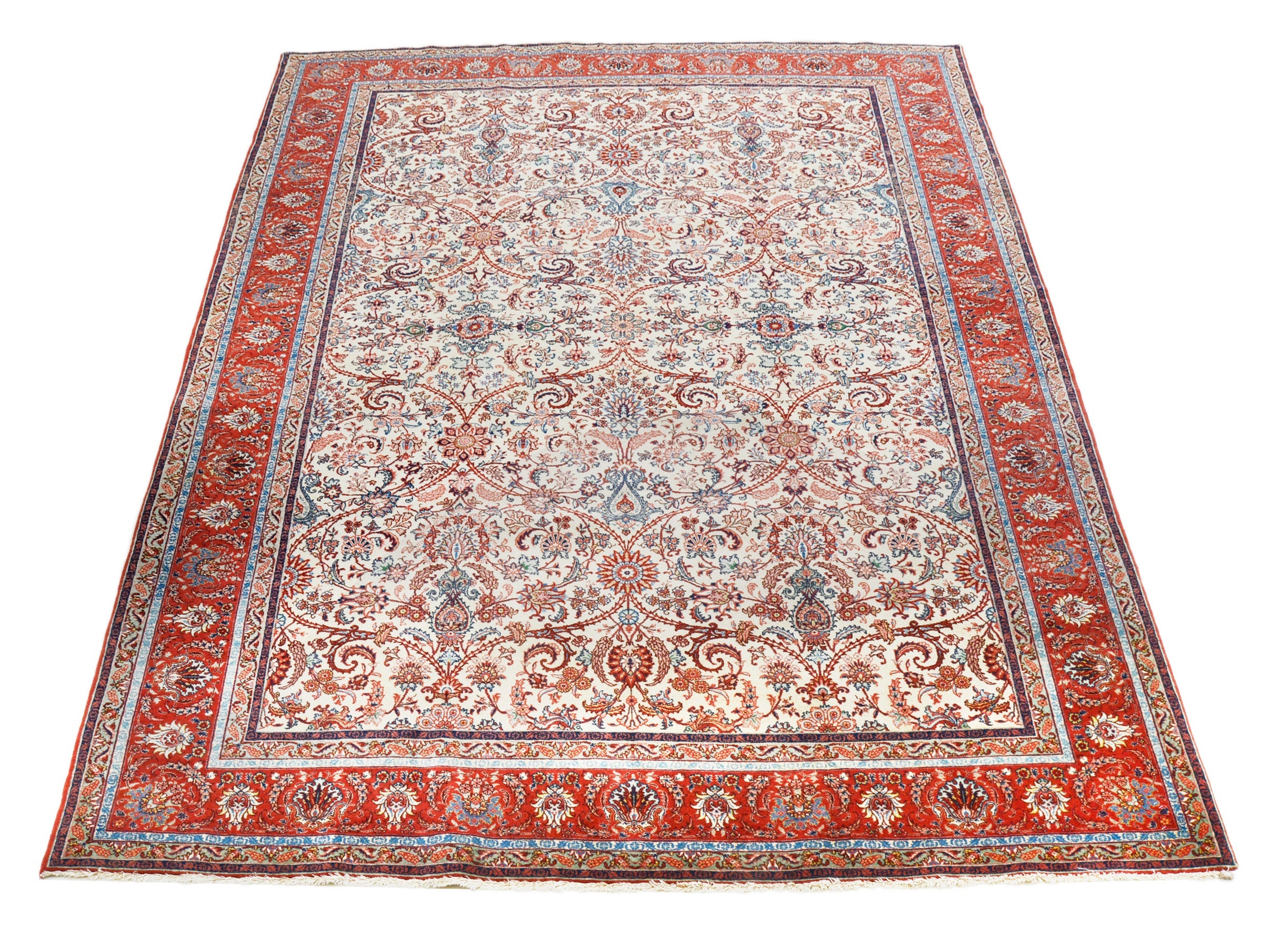 Full view of fine antique Persian Tabriz rug 278x198 cm handwoven in Iran, circa 1900
