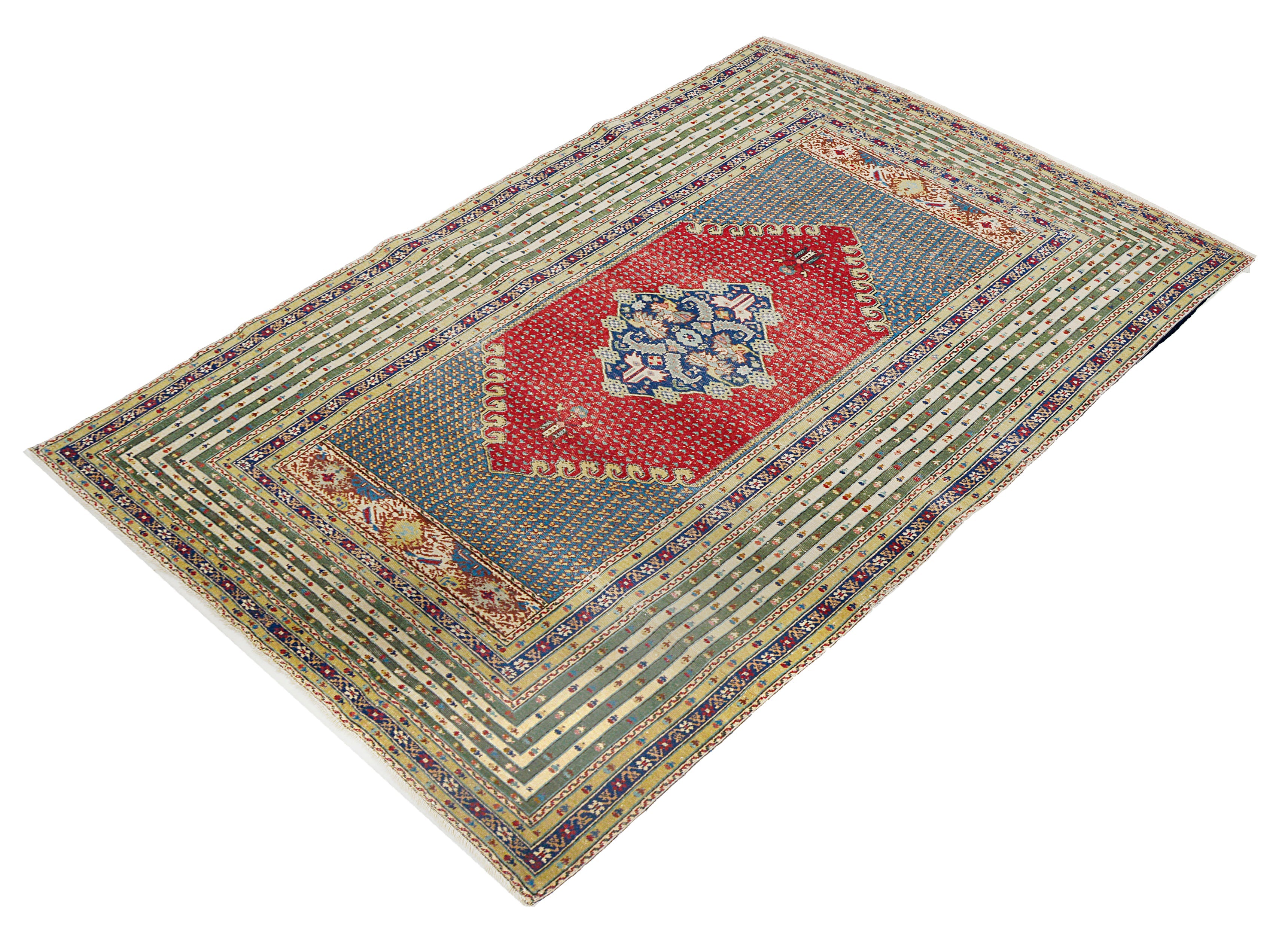 Medium-size antique Turkish rug featuring layered borders and rich traditional colours
