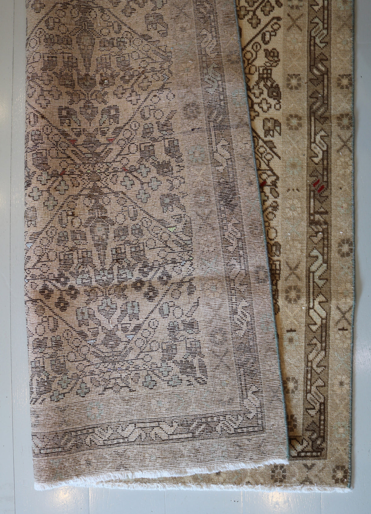 Side view of Afshar rug showing the patterned field and decorative borders