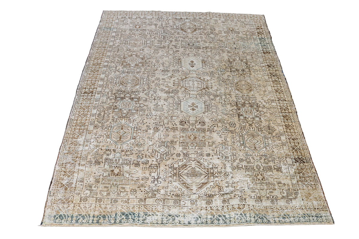 Full view of antique Heriz-Karaja carpet with finely detailed geometric design