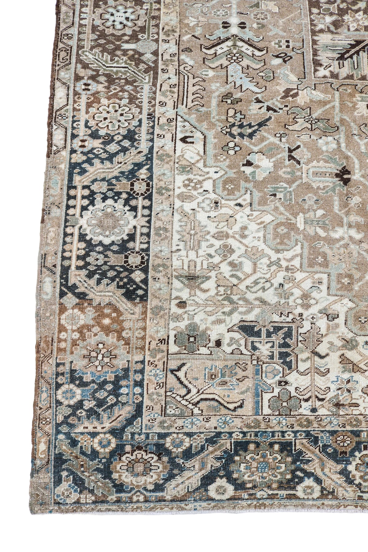 Antique Persian Heriz carpet with bold geometric medallion in beige, ivory and faded blue
