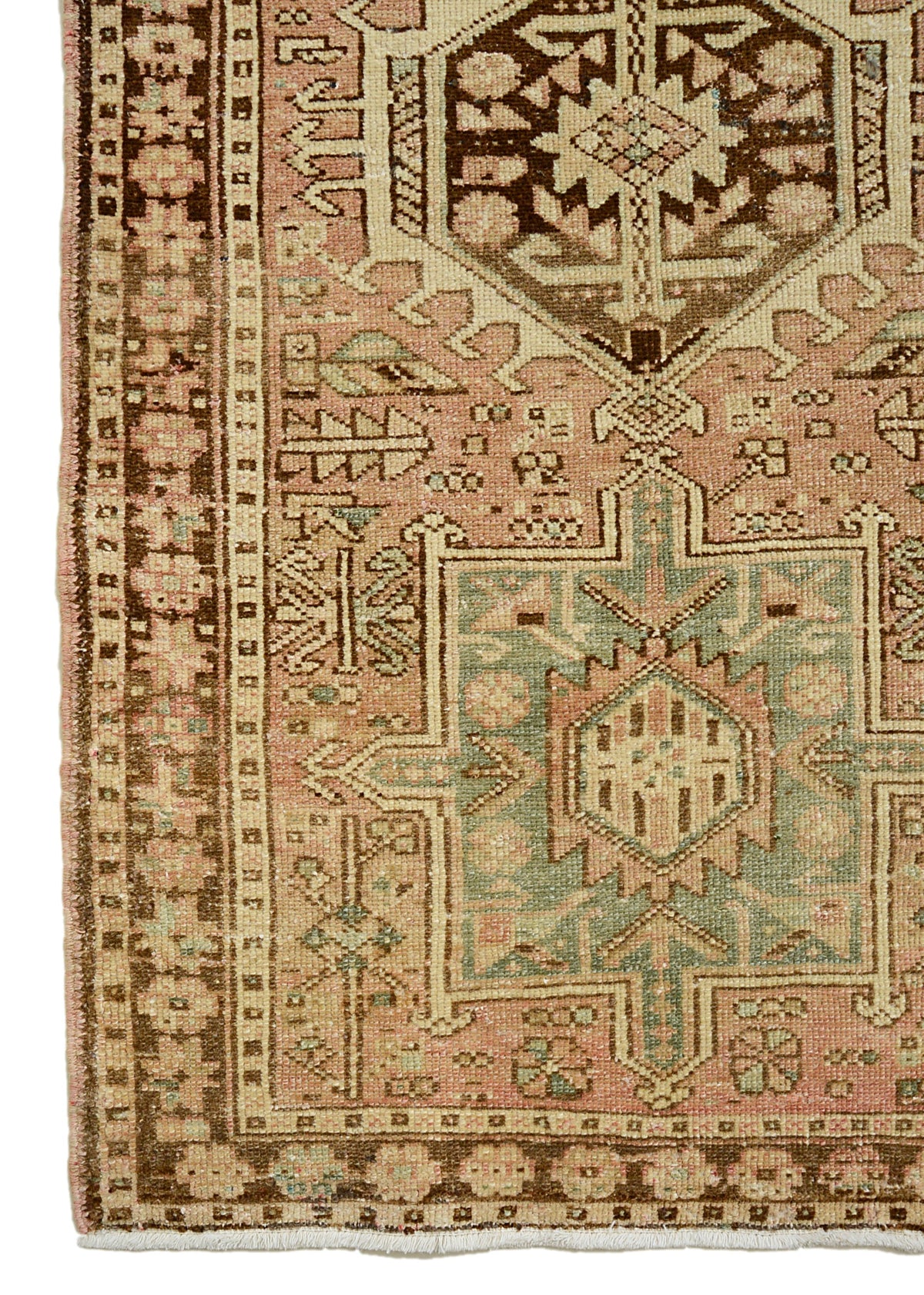 Antique Persian Heriz runner with earthy field, geometric medallions and muted blue accents