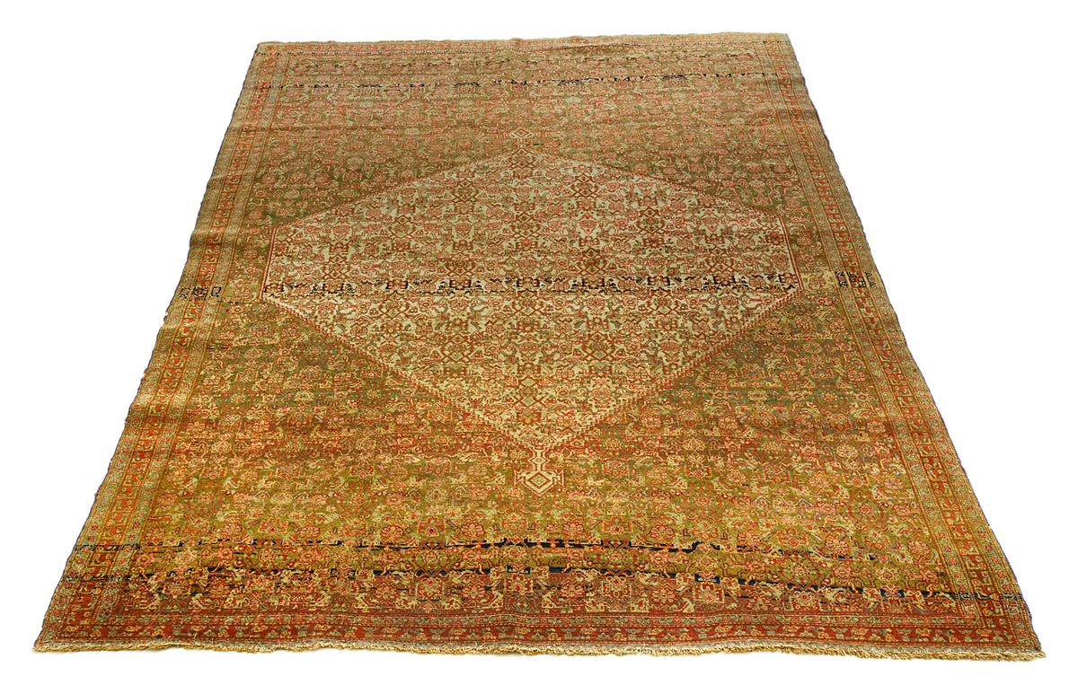 Full view of antique Senneh rug with muted brown tones and intricate all-over design