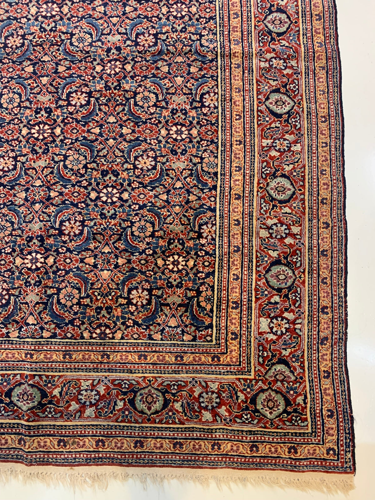 Close-up of Tabriz rug showing finely drawn Herati patterns across the field