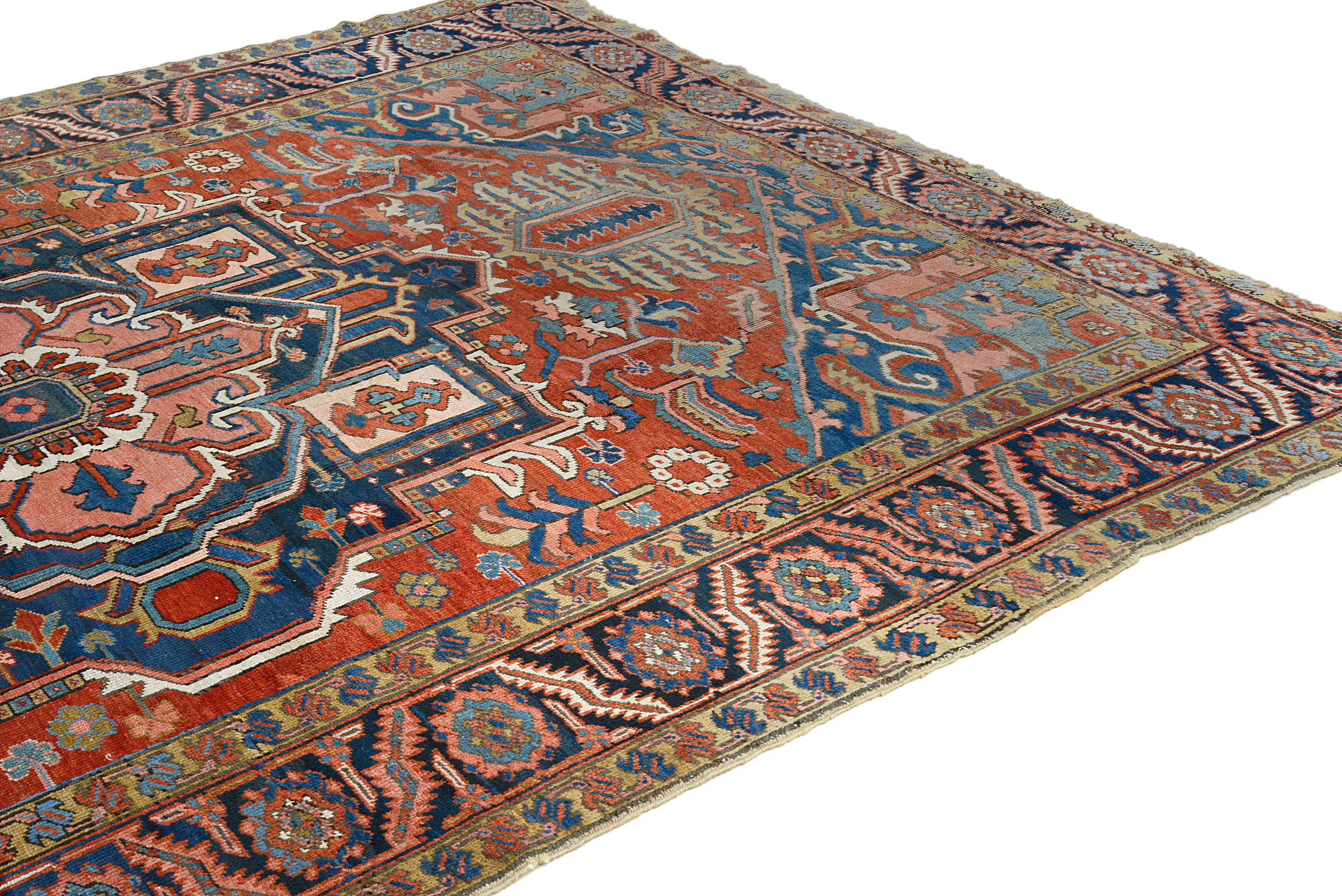 Close-up of  geometric field motifs on antique Persian Heriz carpet
