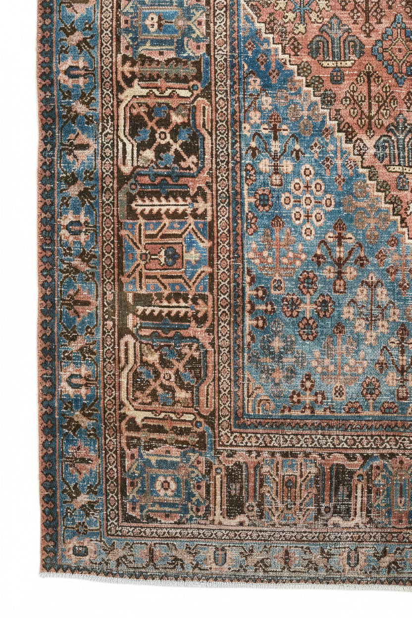 Antique Persian Josheqan rug with diamond lattice medallion, 383 × 275 cm

