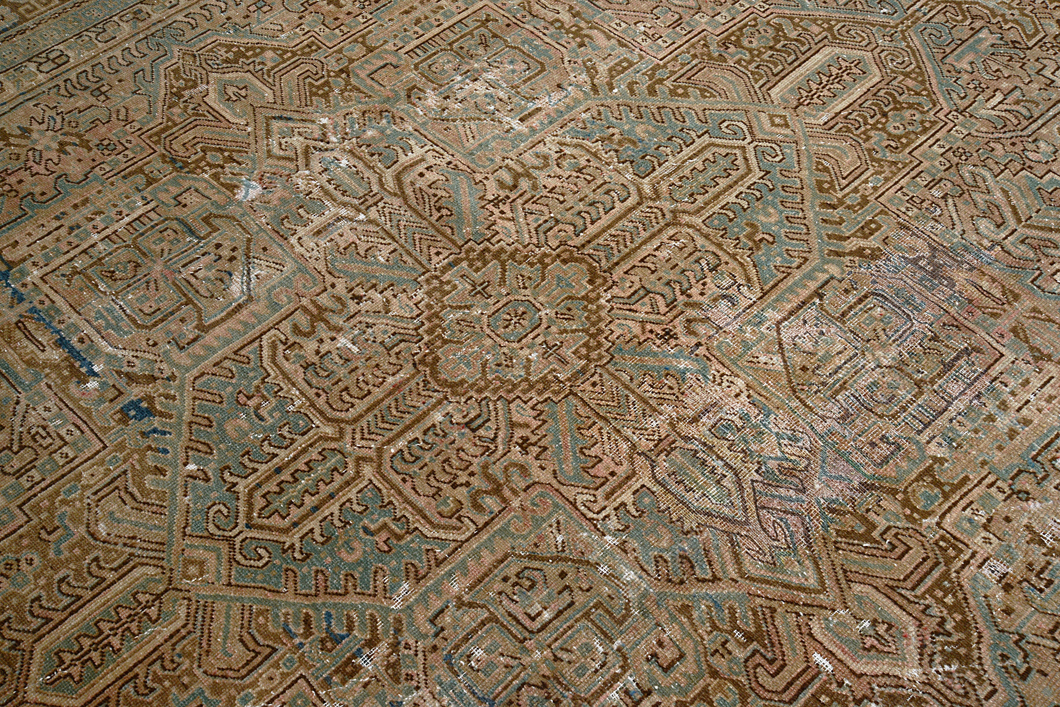 Close-up of geometric field motifs on antique Persian Heriz carpet
