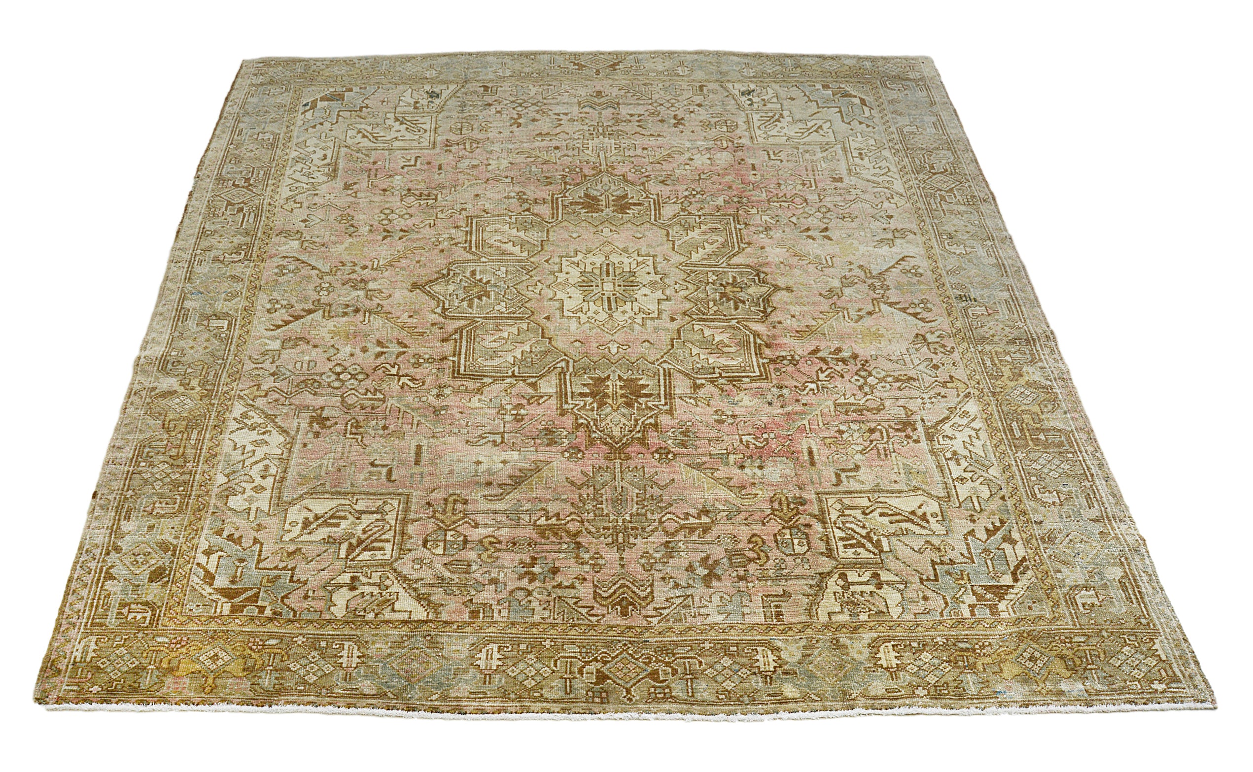 Vintage Persian Heriz carpet hand-knotted in Iran, geometric medallion design in muted earth tones, 267 x 237 cm, circa 1940
