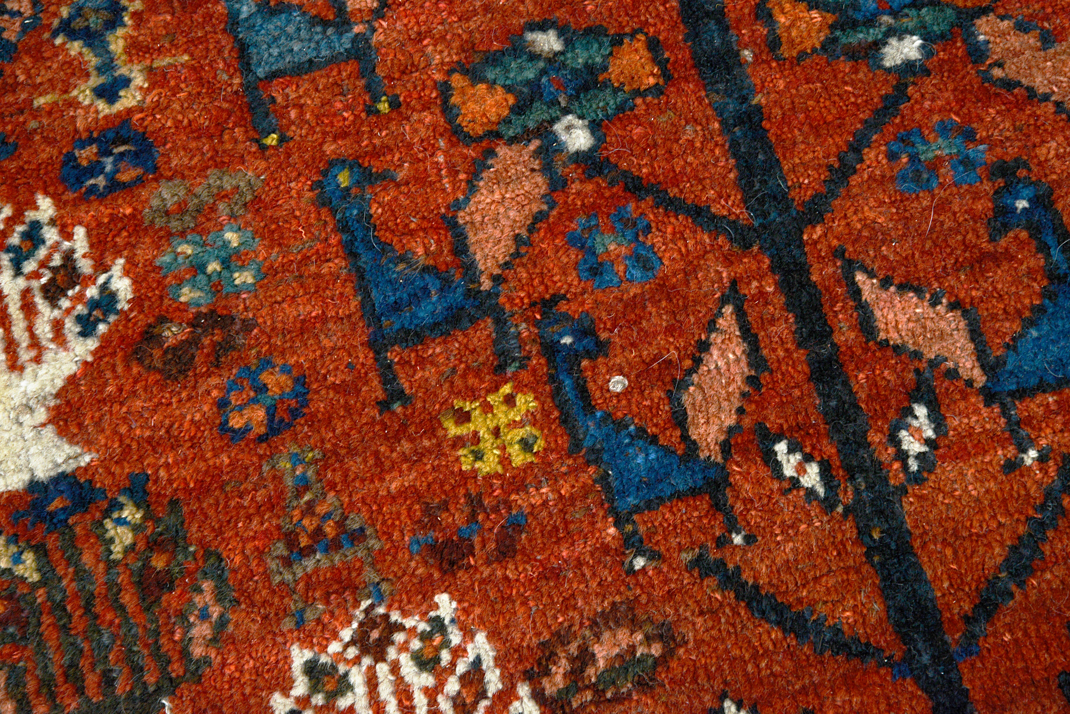 Hand-knotted wool texture of an antique Persian Qashqai carpet
