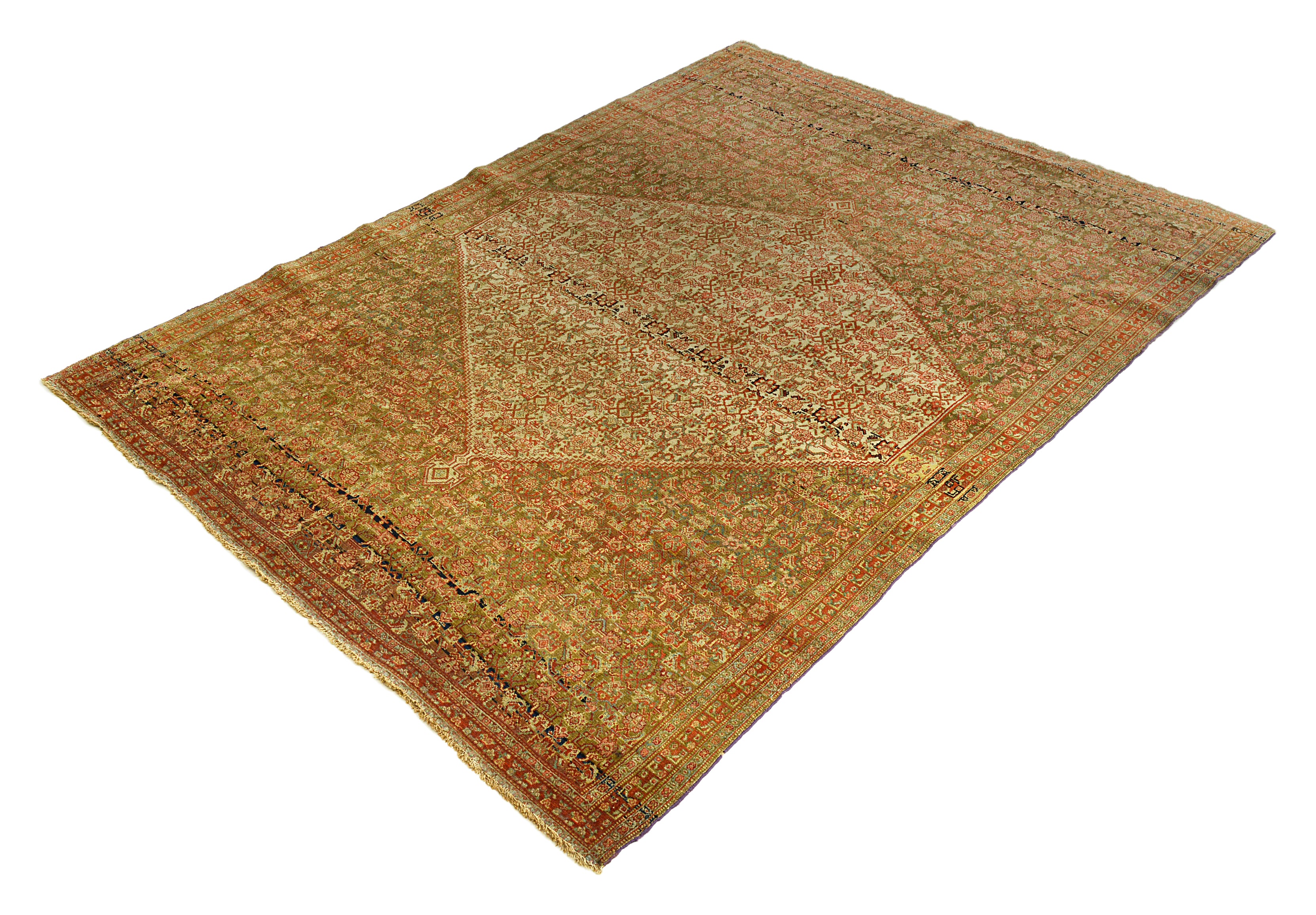 muted Antique Persian Senneh rug on a white background