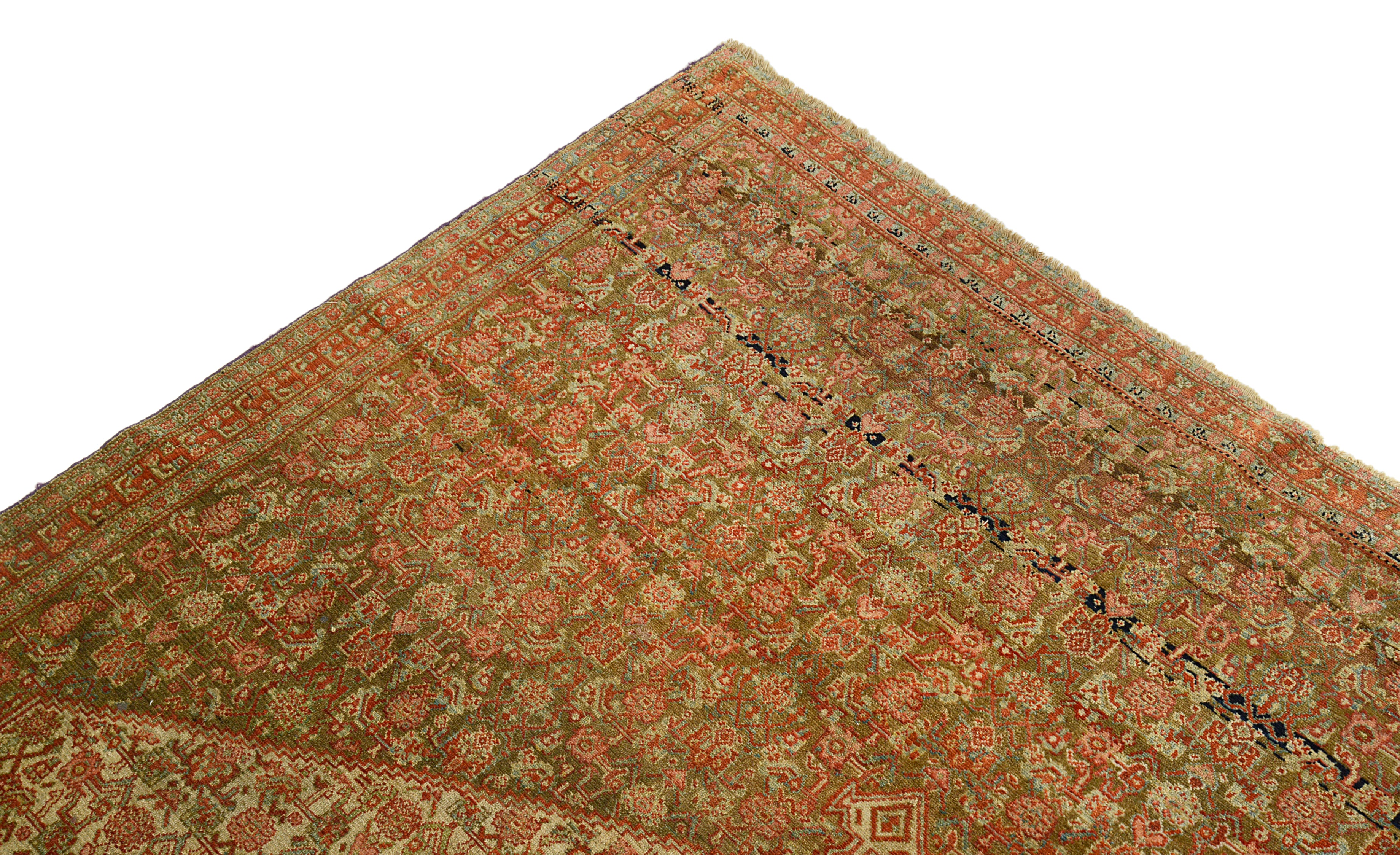 Close-up of a patterned Persian Senneh rug with a beige and brown color scheme on a white background