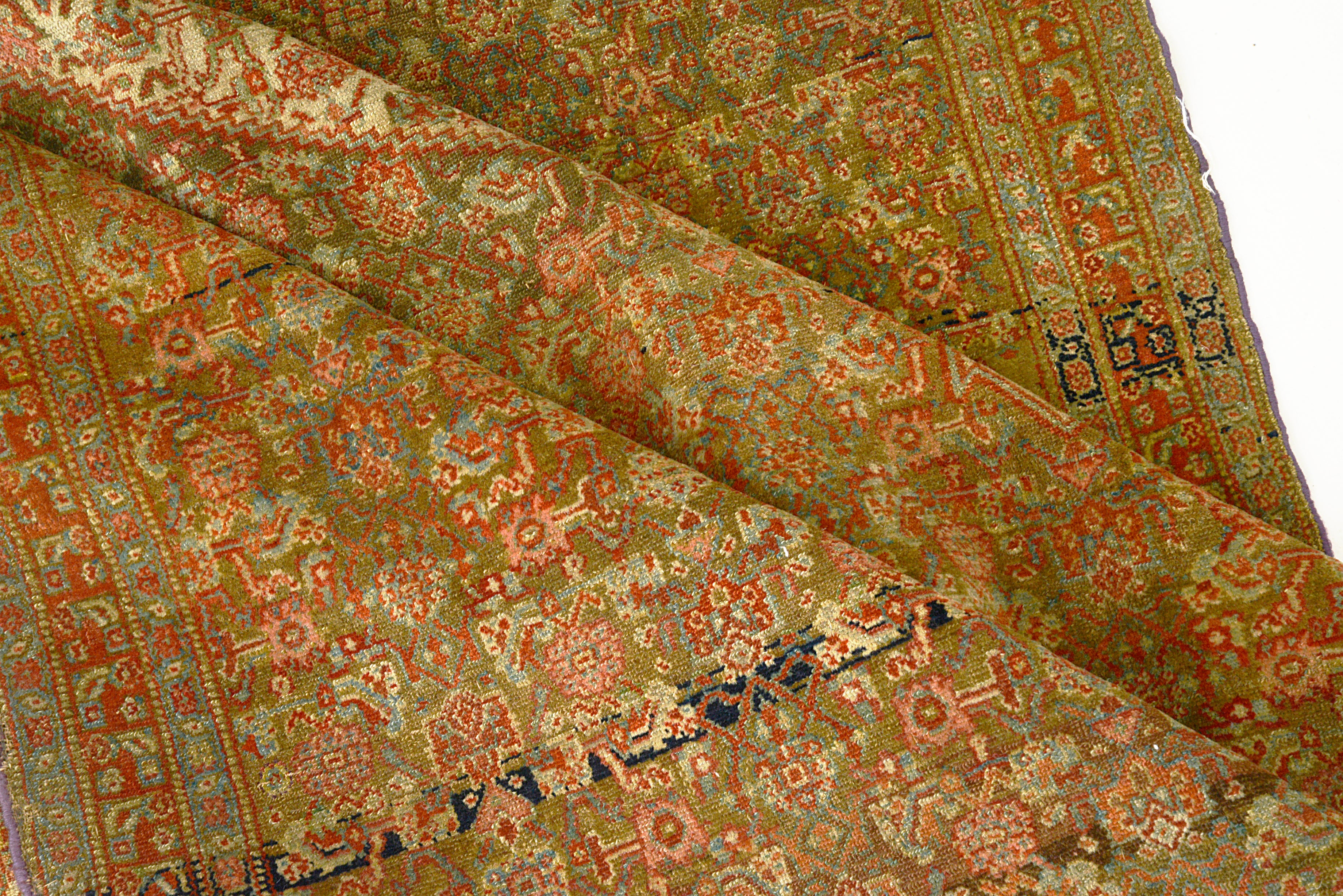 Close-up of a patterned Senneh Rug with intricate designs on a plain background