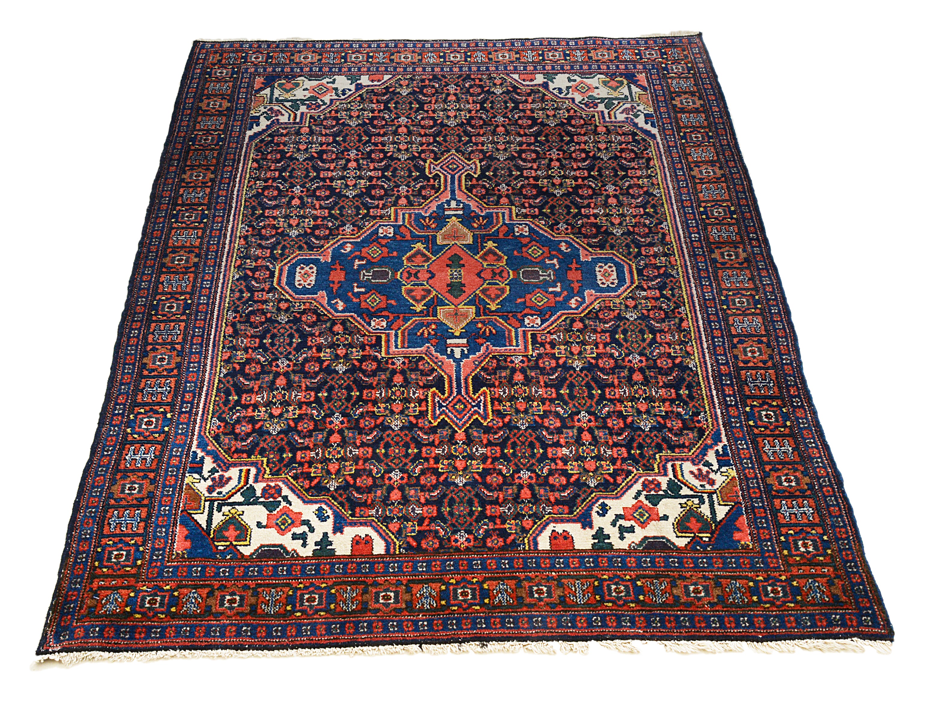 Full view of an antique Persian Senneh rug woven circa 1920, measuring 145 x 108 cm