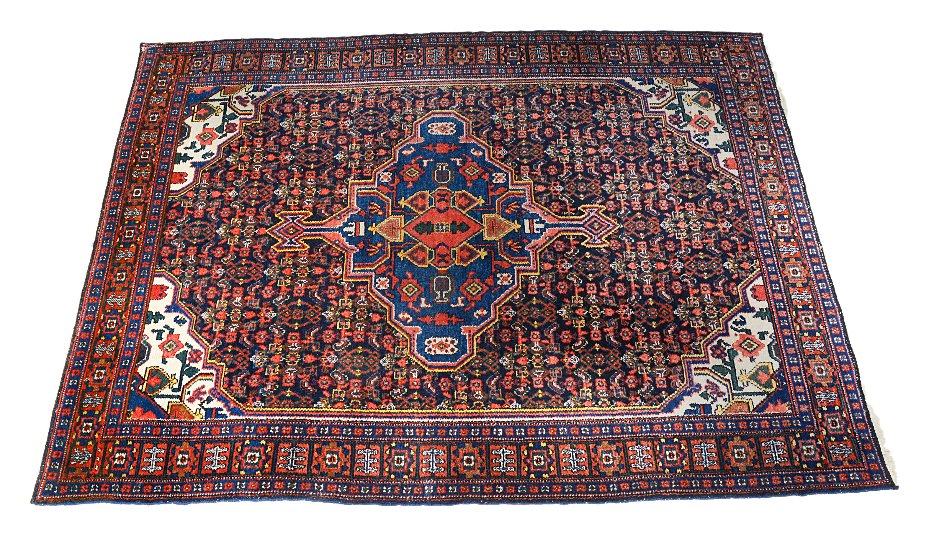 Decorative Handmade Persian Senneh rug with intricate patterns on a white background