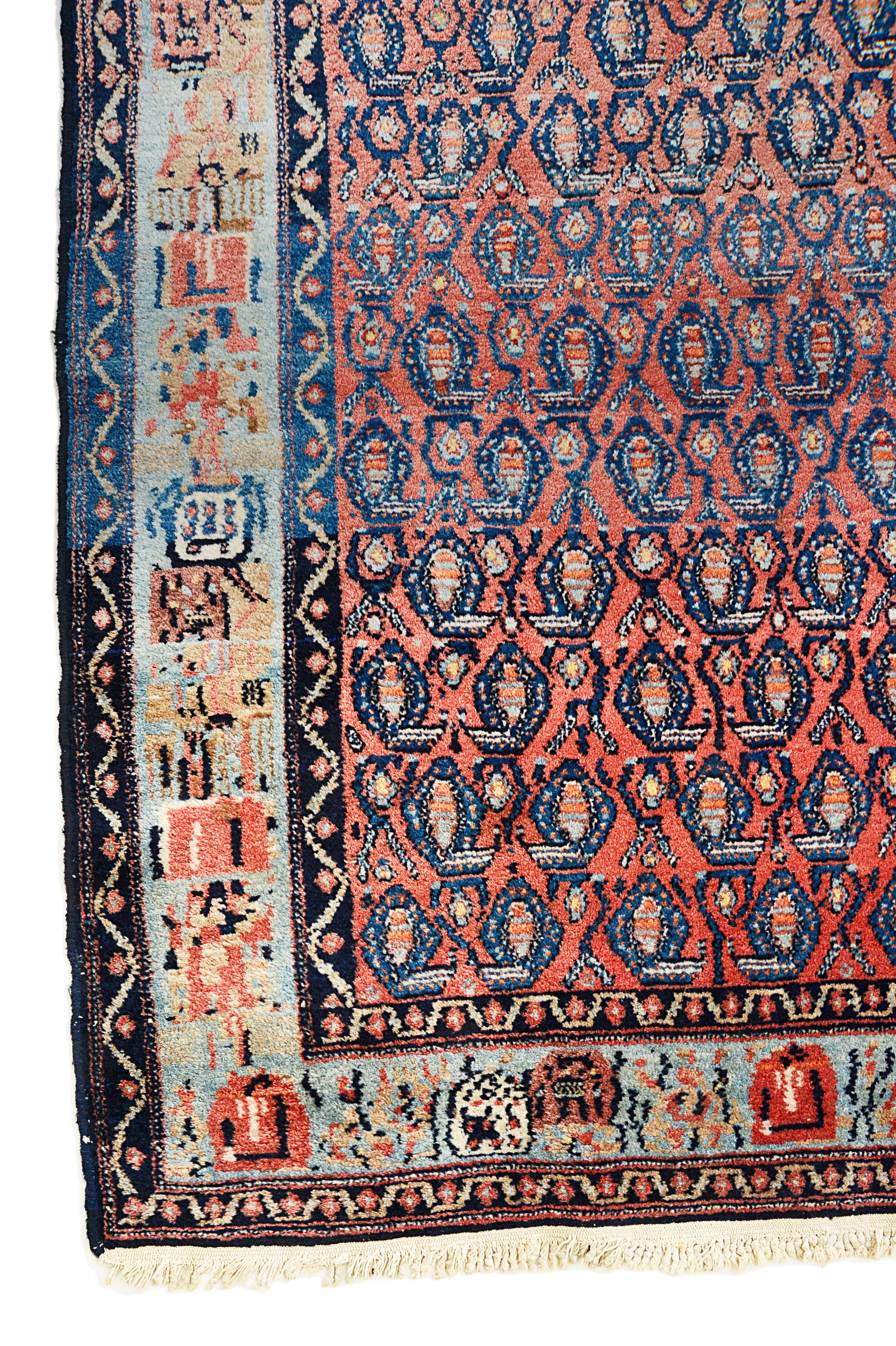 Corner view of an antique Persian Senneh rug showing fine border and field details