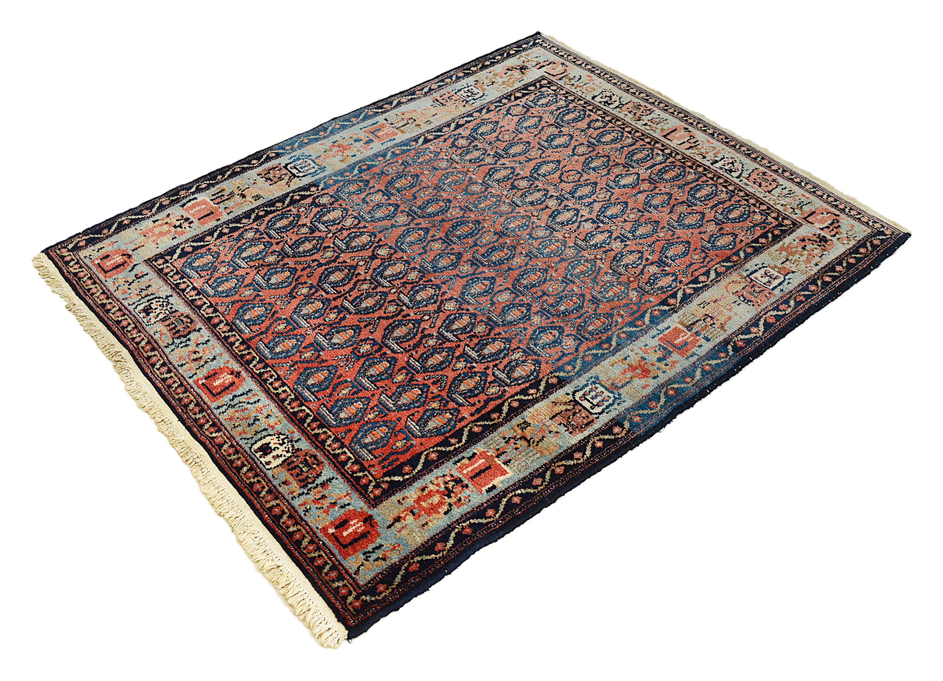 Decorative Persian Senneh rug with intricate patterns on a white background