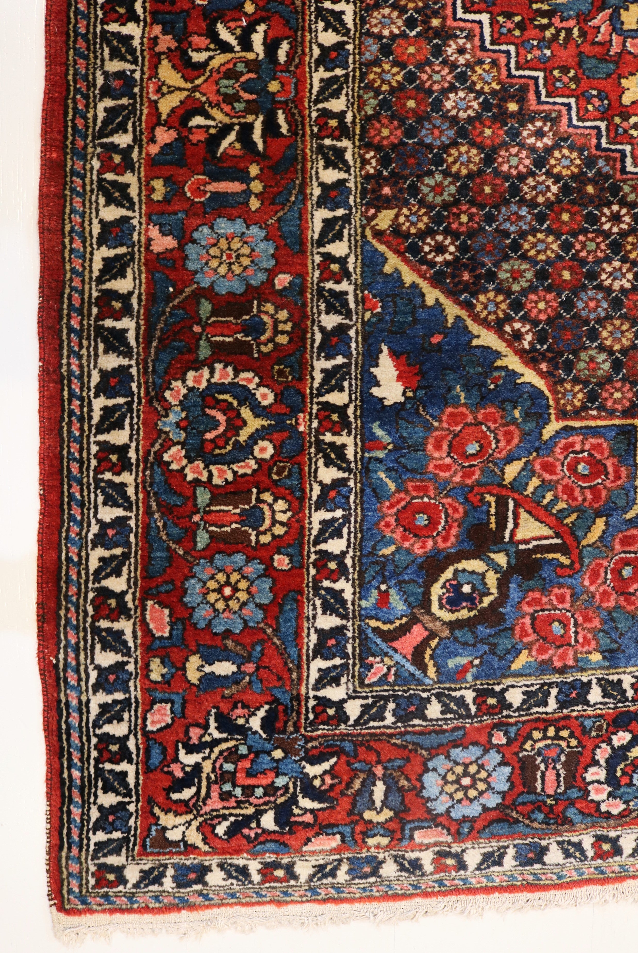 Antique Persian Bakhtiyar Rug with Light Blue Corners, 197 × 144 cm