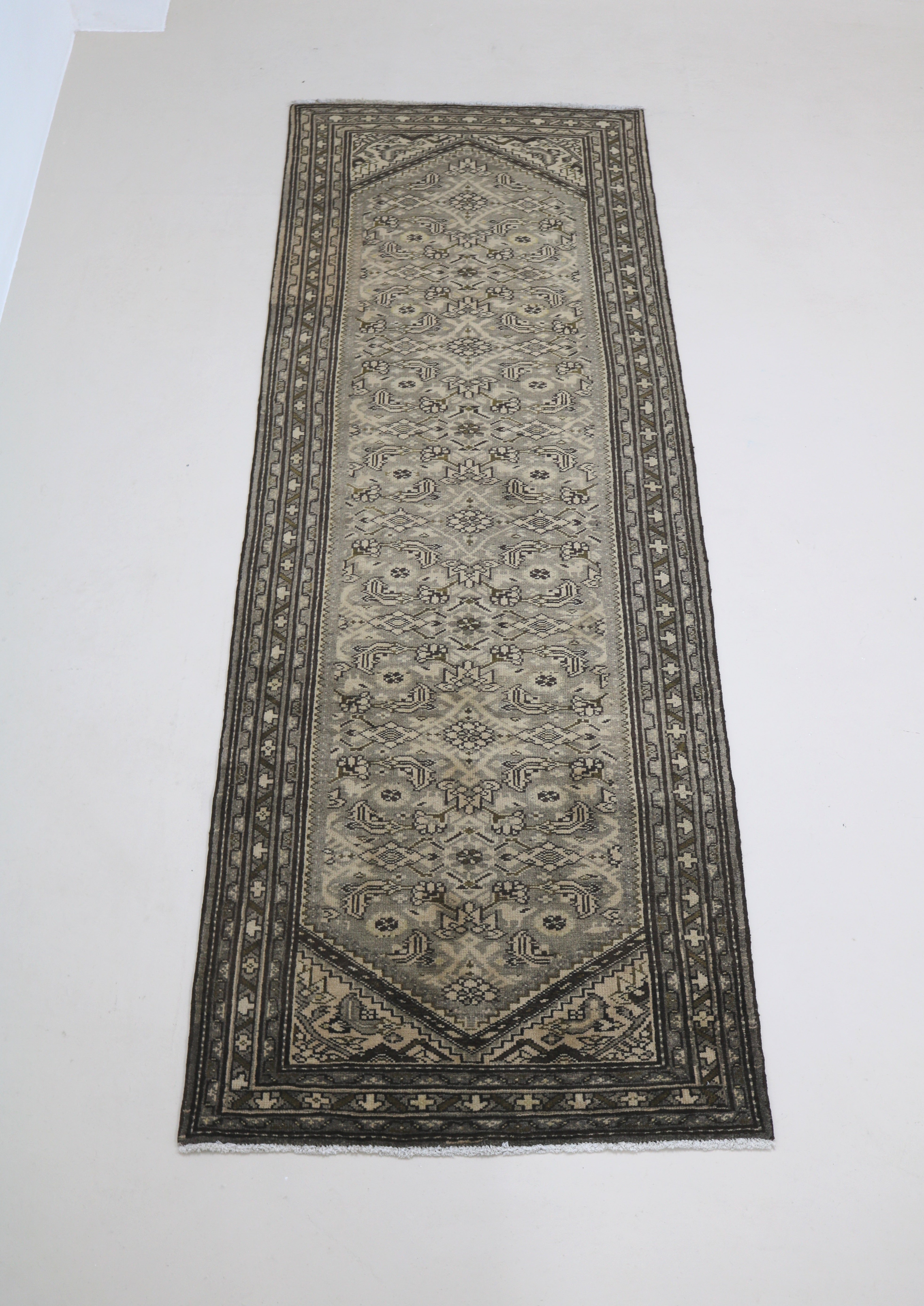 Full view of vintage Persian Malayer runner with all-over Herati pattern

