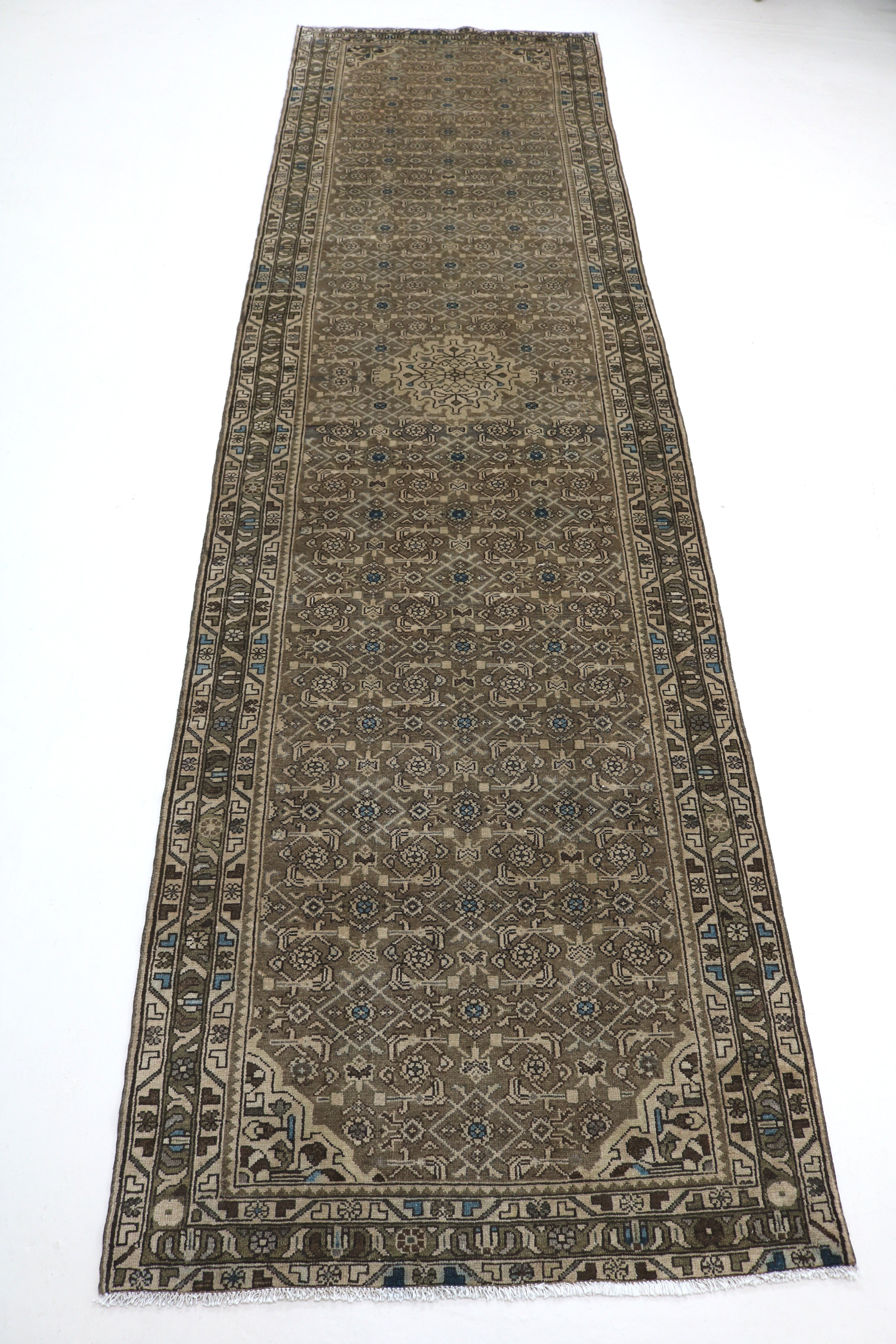 Full view of antique Persian Malayer runner with delicate all-over design and balanced borders
