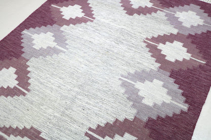 Detail of vintage Swedish Kilim rug showing handwoven wool texture and Scandinavian geometric pattern, mid-century flatweave