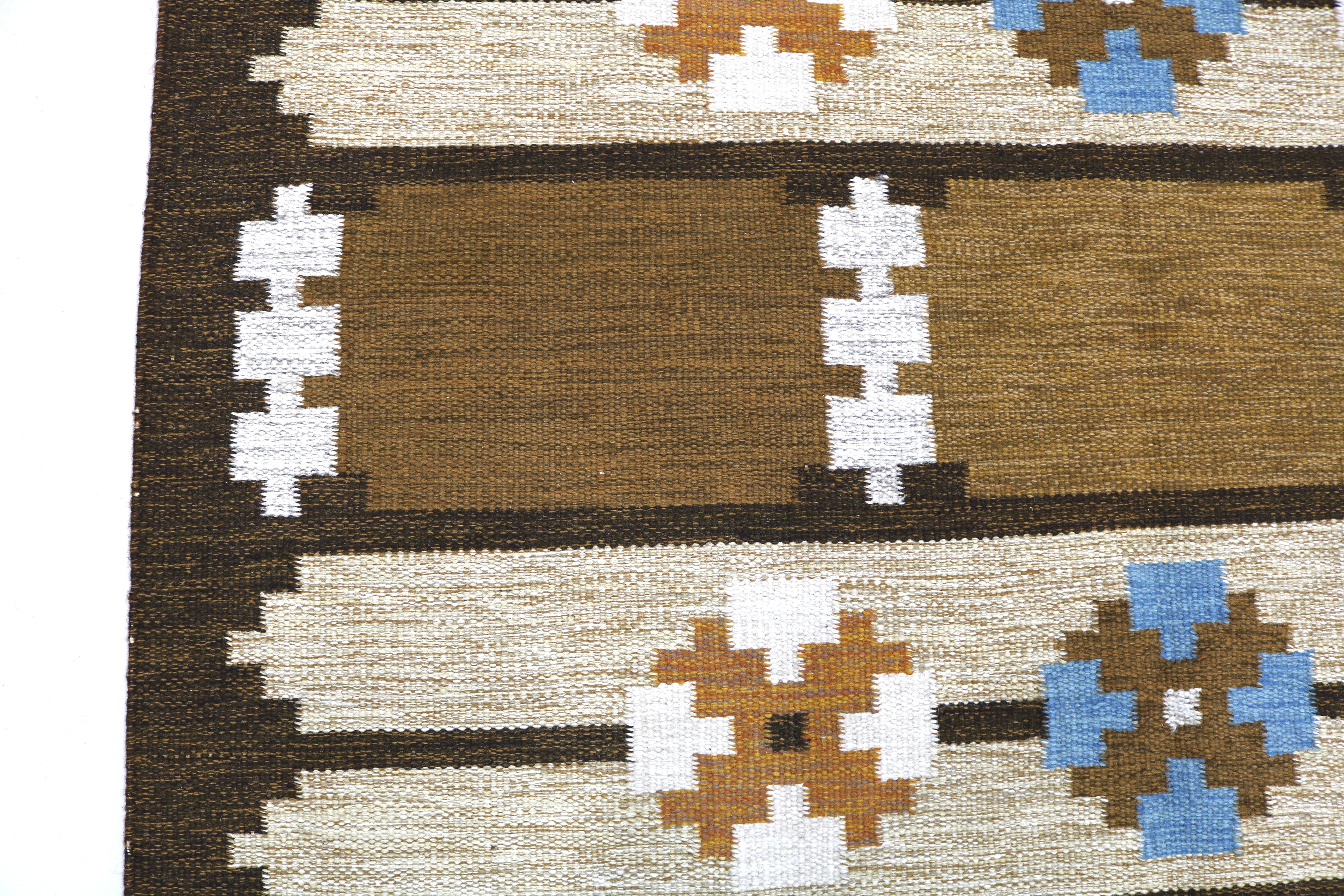 Close-up texture of authentic vintage Swedish wool flatweave rug.
