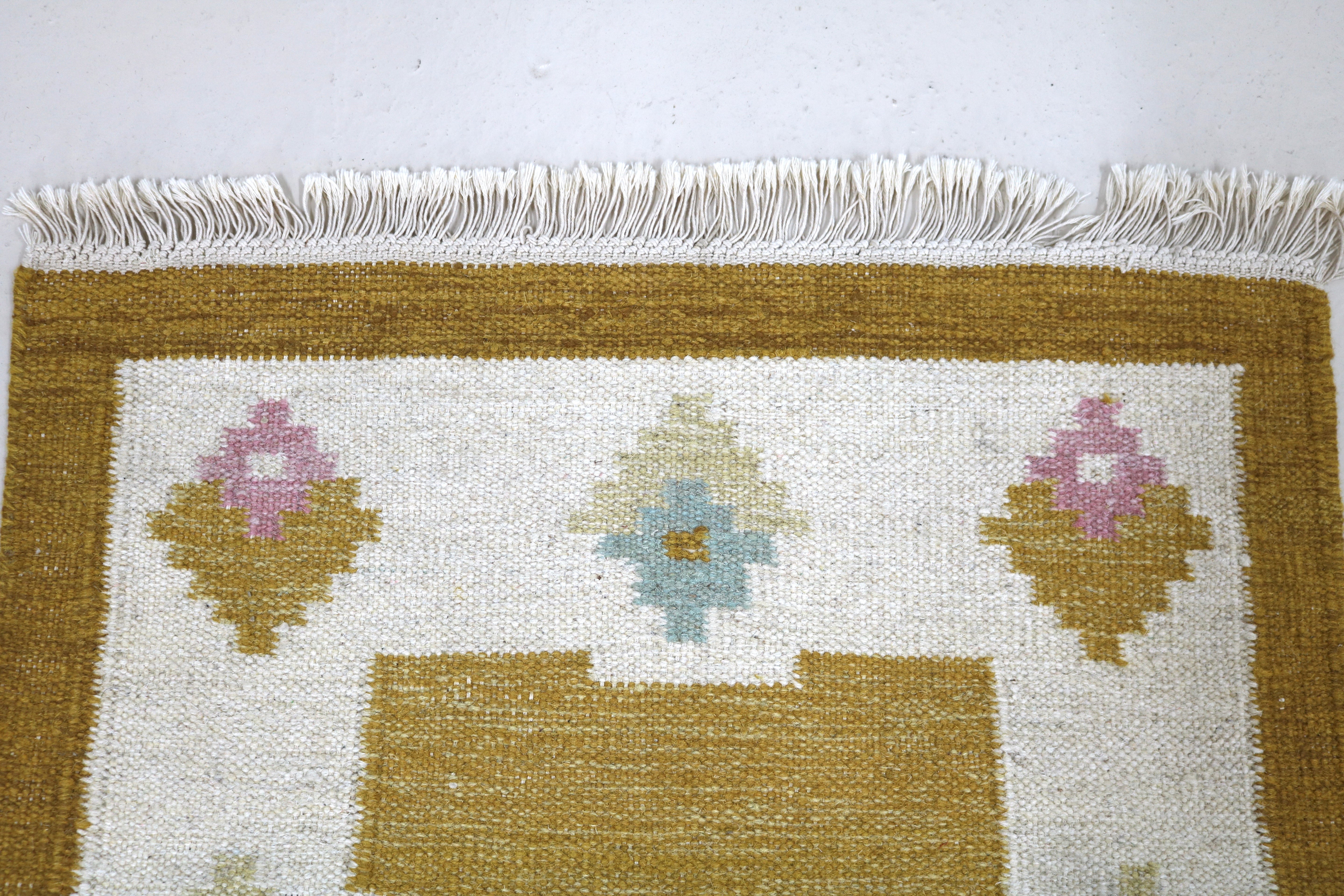 Close-up of colourful floral motifs on a Swedish wool runner.