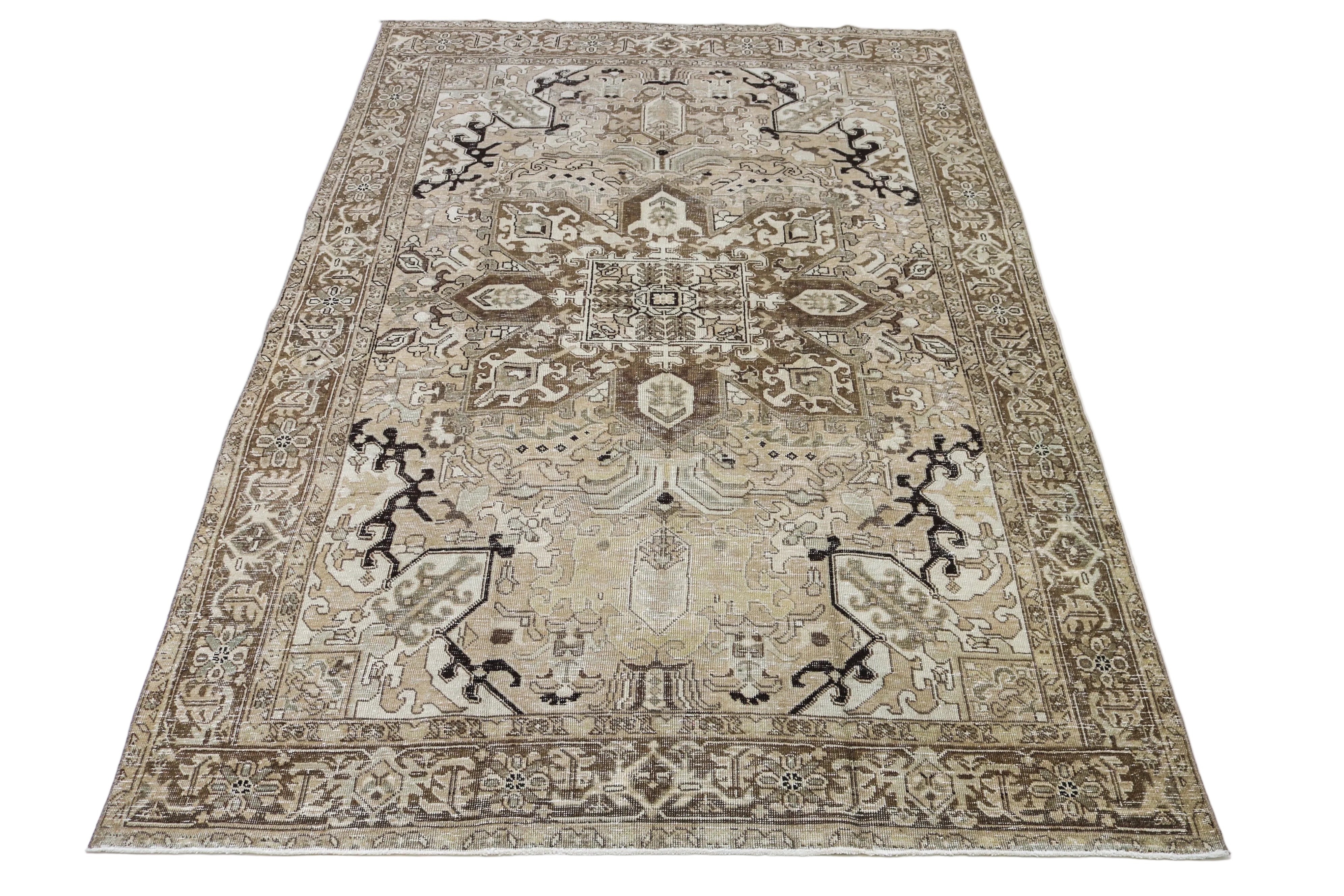 Large vintage Persian carpet with geometric tribal design in beige and ivory tones
