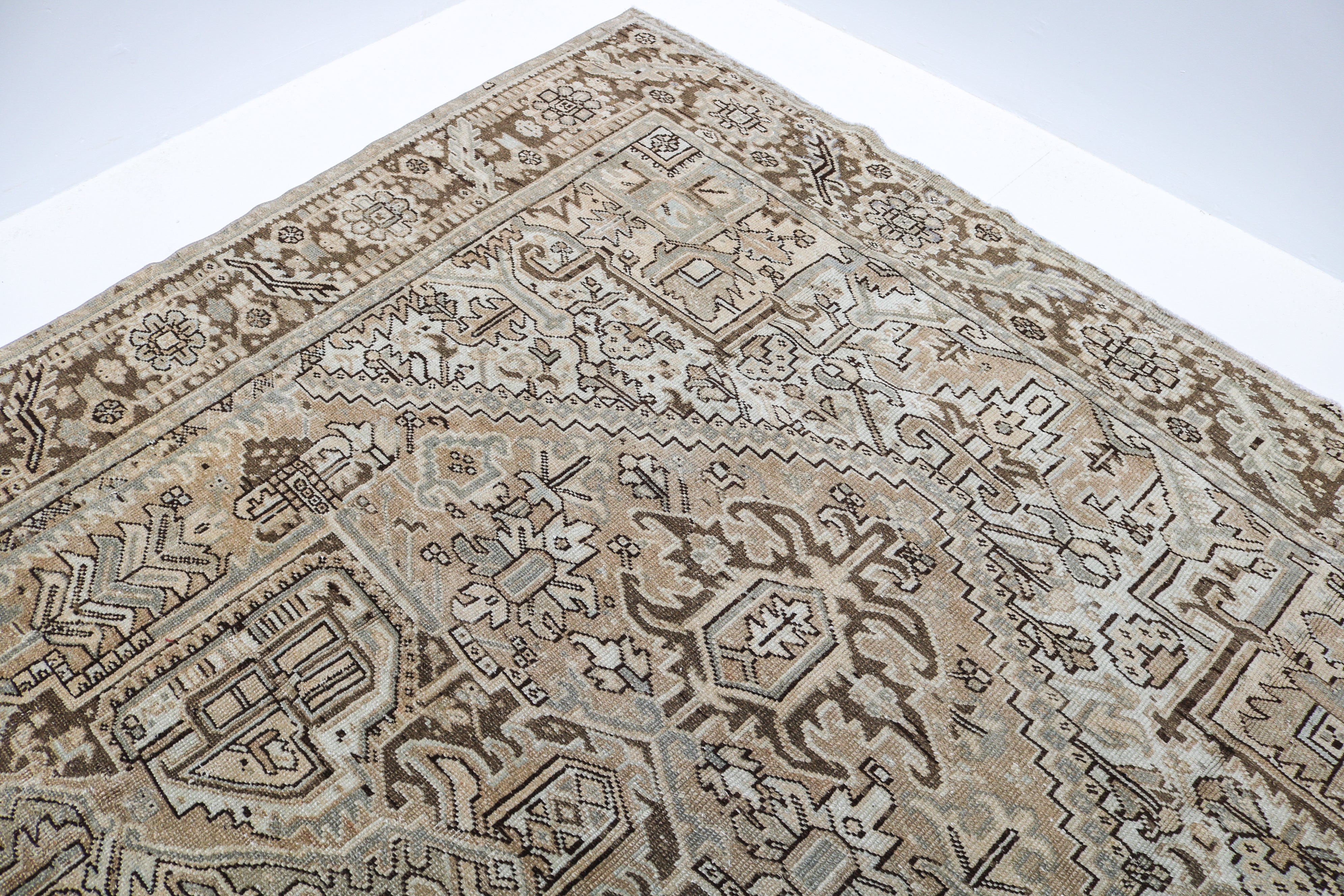 Close-up of hand-knotted Persian Heriz rug showing intricate border patterns and soft faded colours
