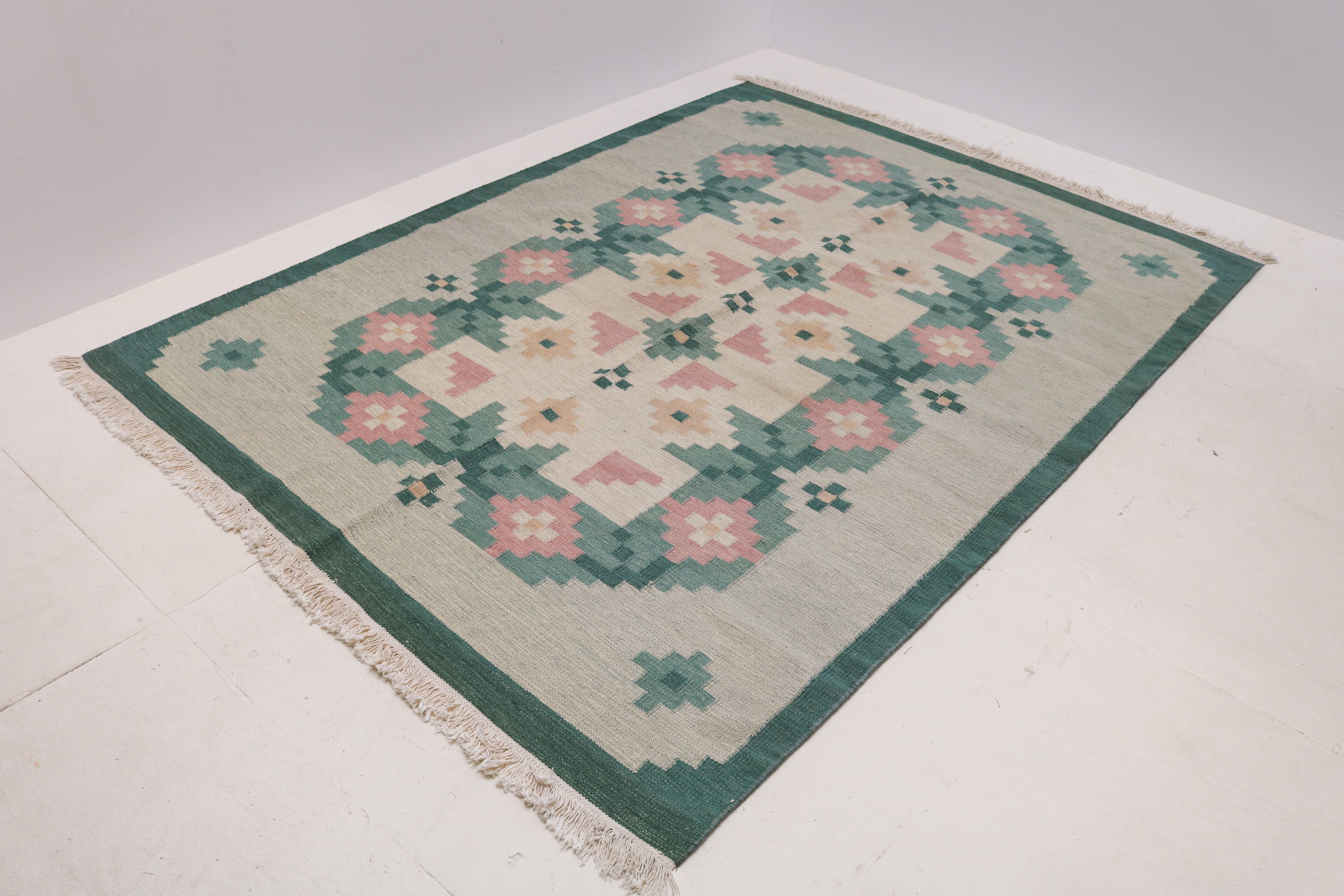 Vintage Scandinavian wool flatweave rug in sage green, pink and ivory