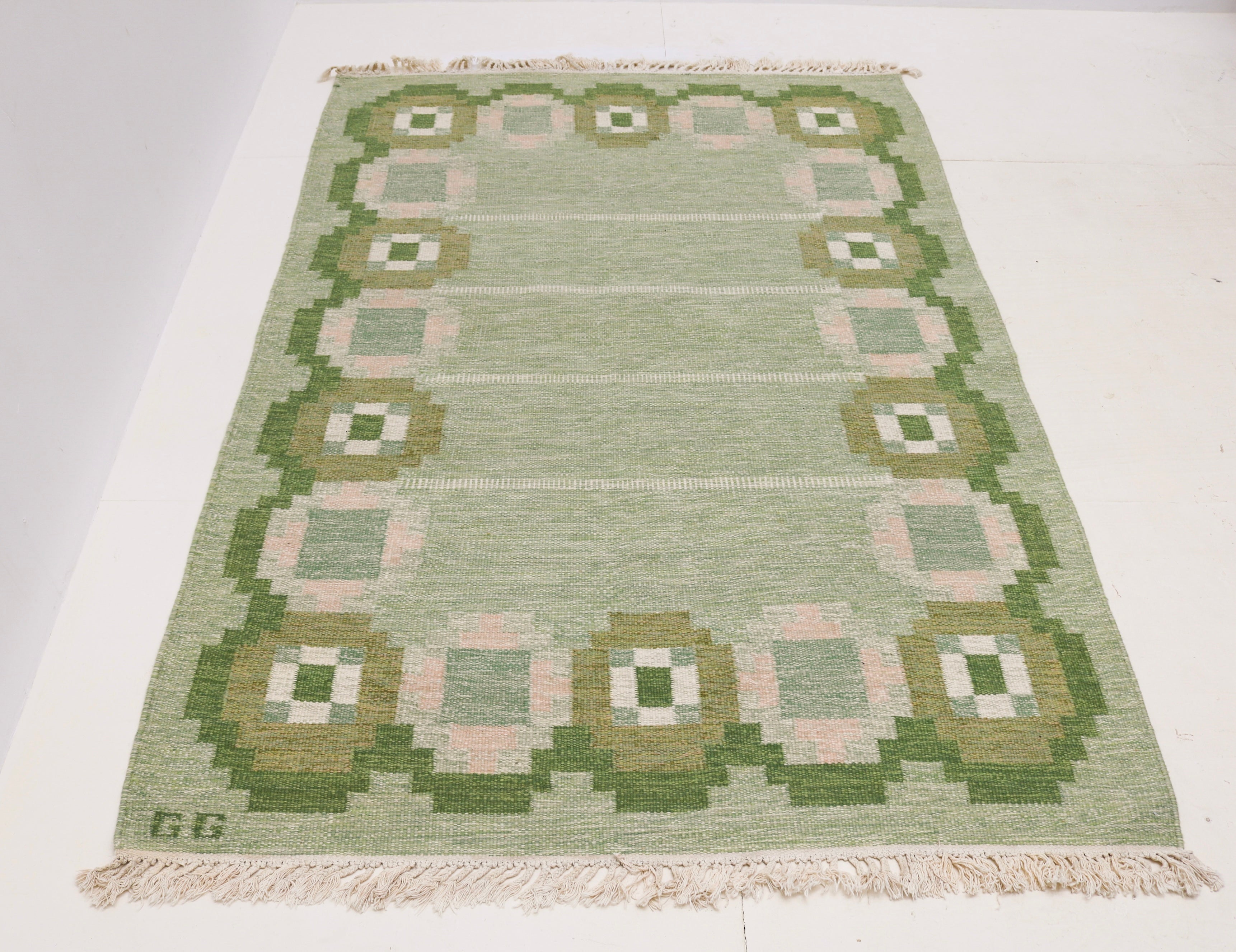 Vintage Swedish kilim rug 240 × 137 cm in soft green, olive and pale pink