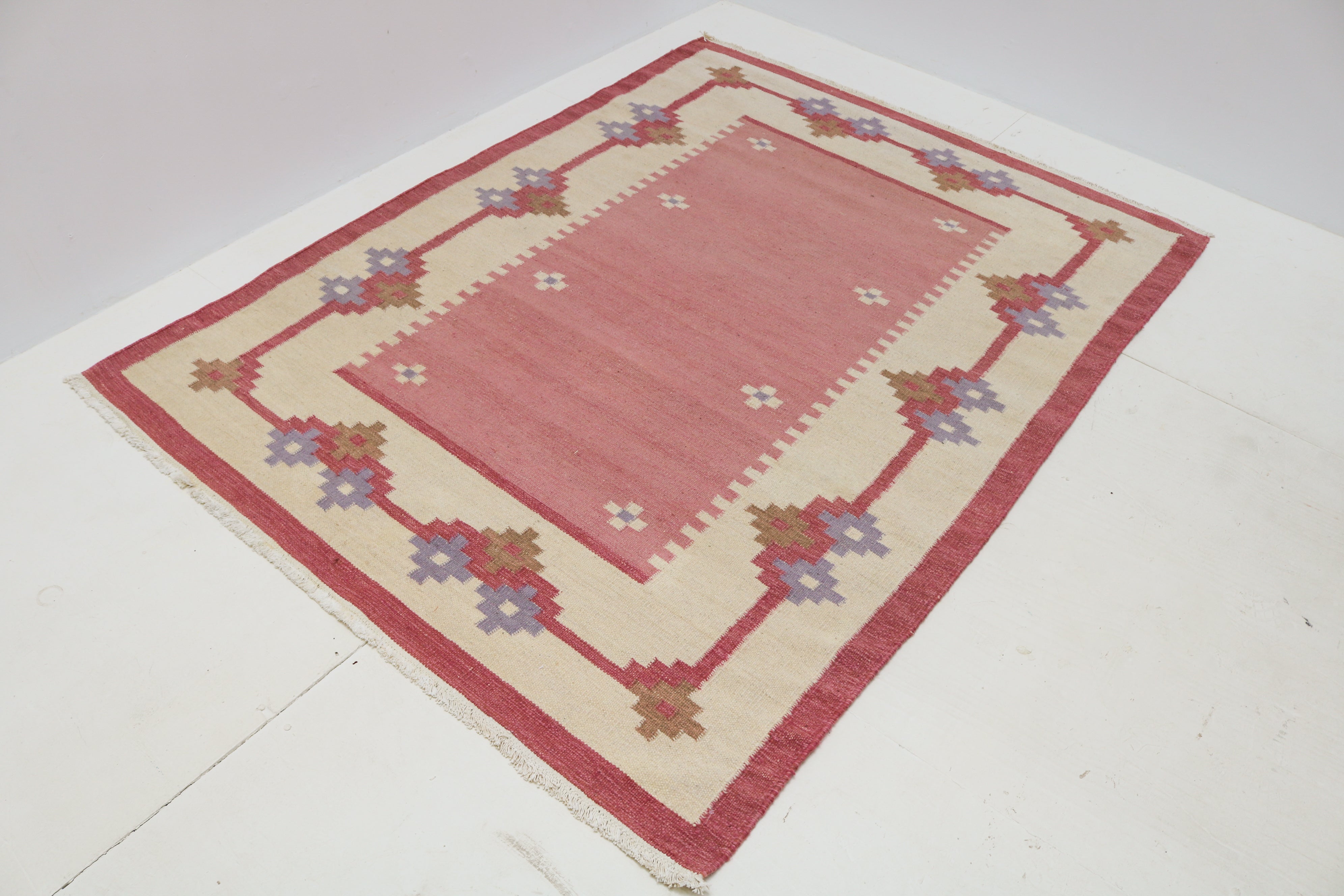 Vintage Swedish wool kilim with mid-century Scandinavian geometric design