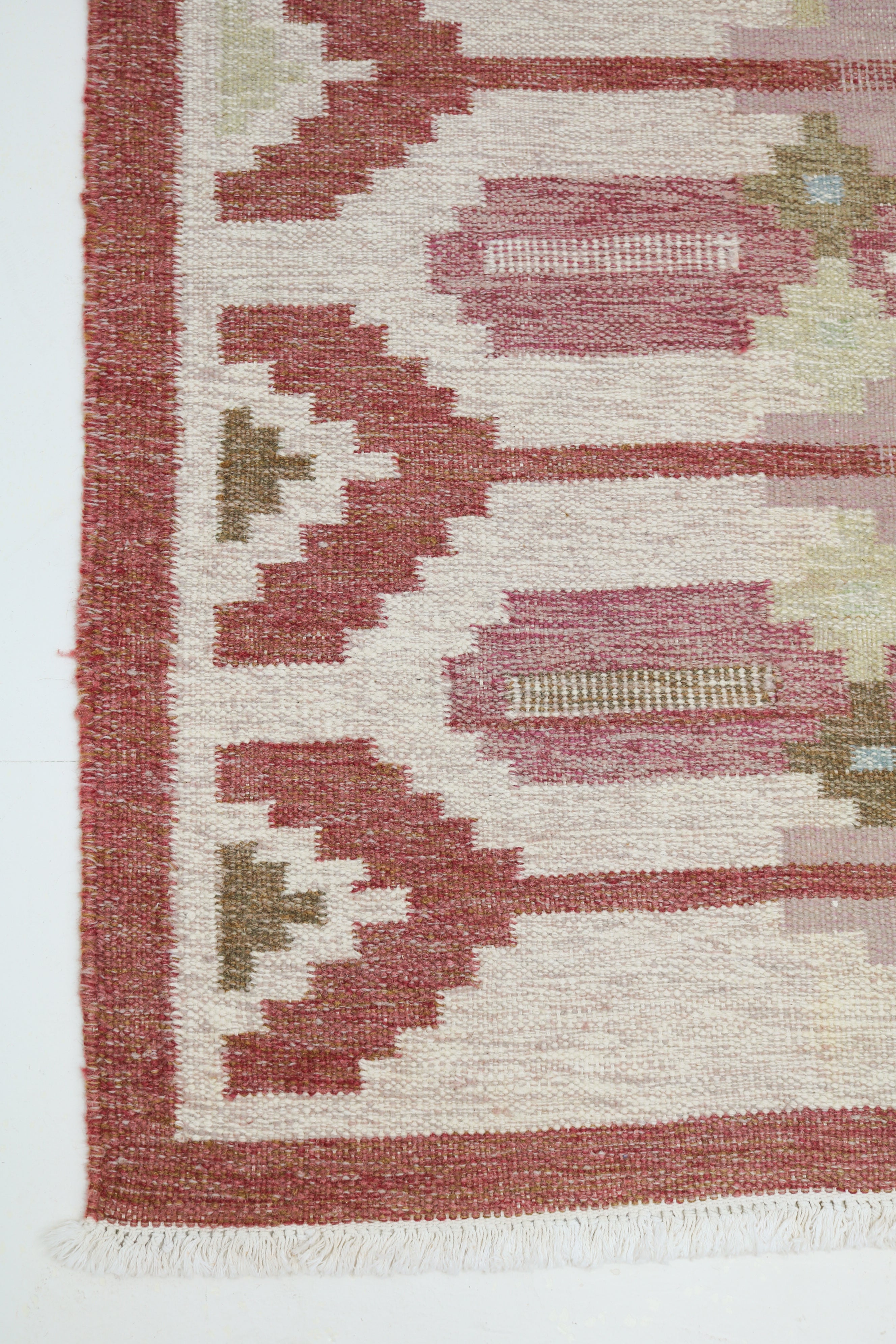 Vintage Swedish kilim rug 230 × 170 cm with pink, ivory and muted Scandinavian geometric design