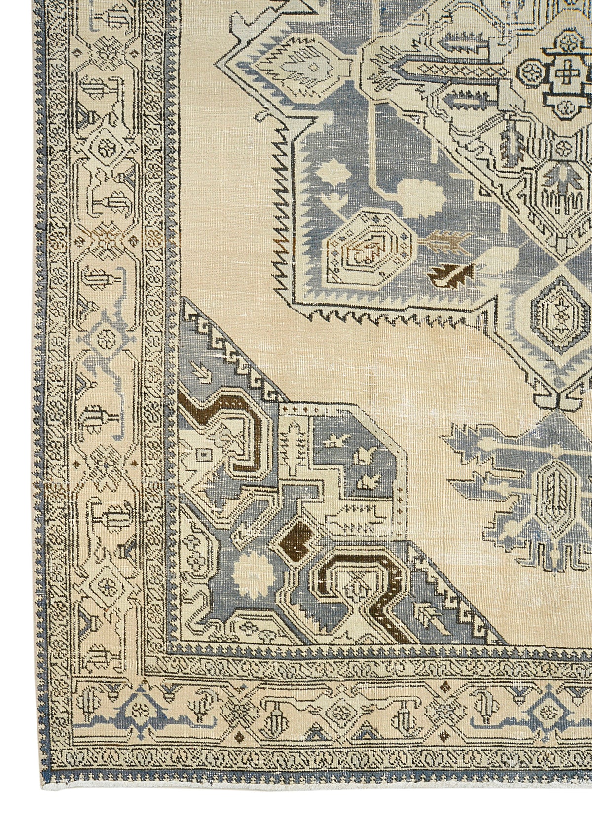 Vintage Persian Tabriz carpet with ivory field, central medallion and muted blue geometric motifs
