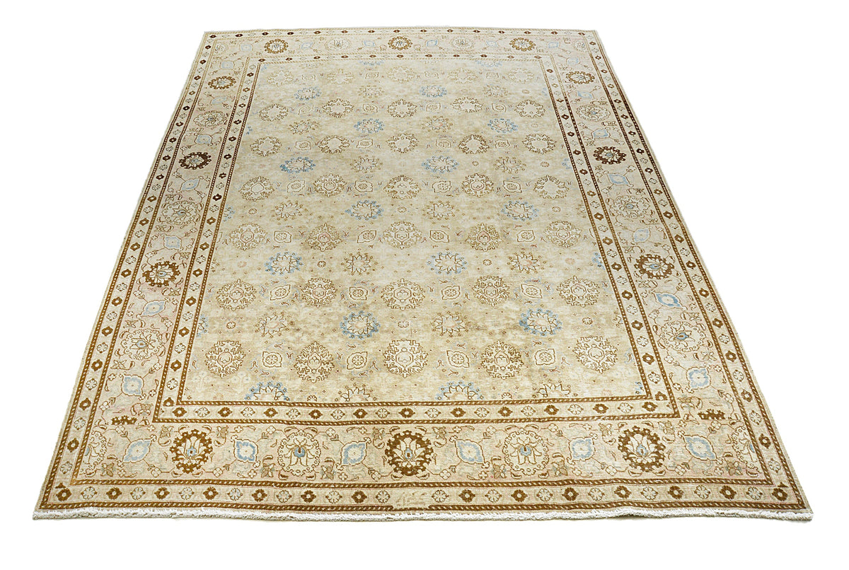 Full view of vintage Persian Tabriz carpet with elegant all-over floral design
