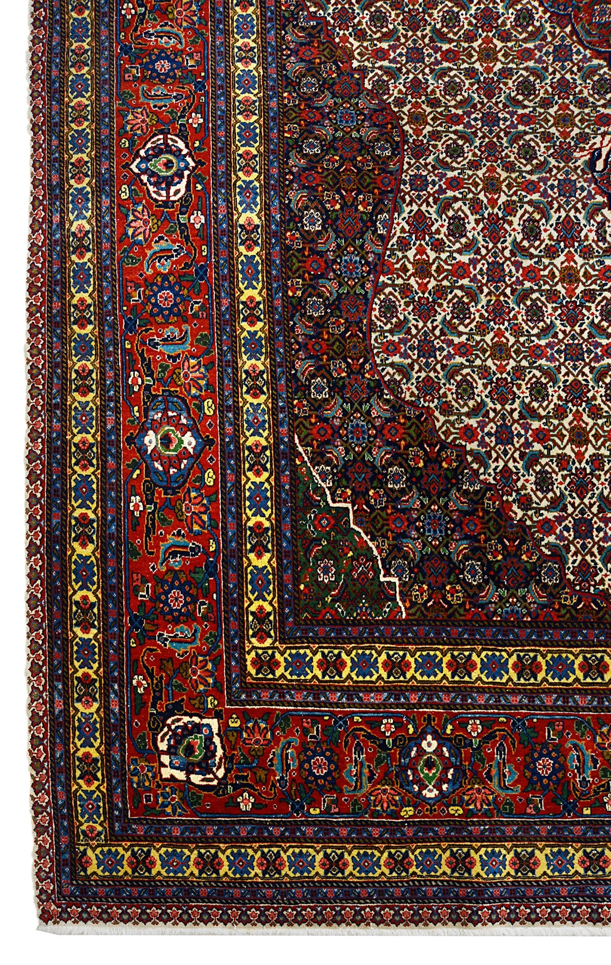 Vintage Persian Tabriz carpet with deep red field, intricate floral motifs and detailed borders
