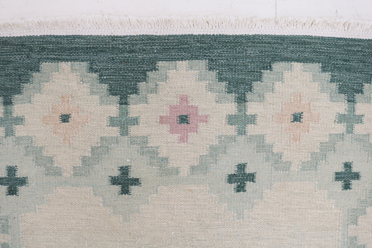 Close-up of Kilim rug border with stylised floral motifs in teal, pink and beige
