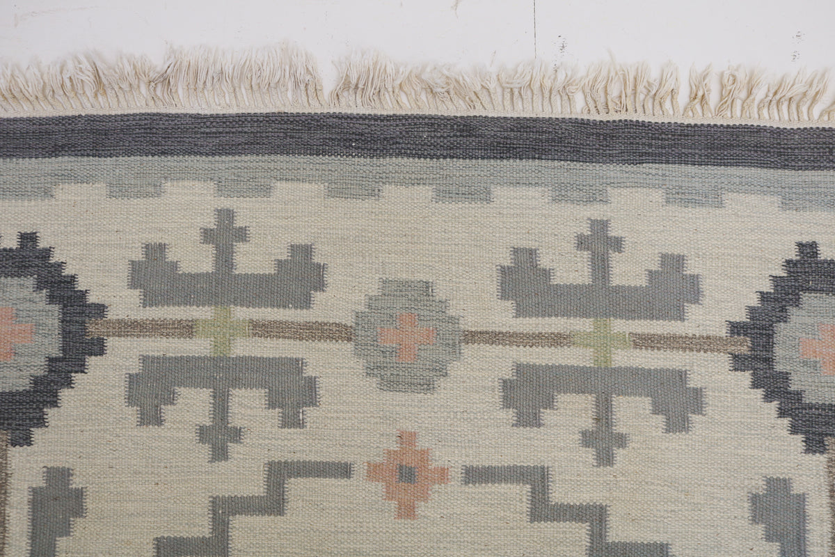 Detailed Swedish Kilim rug border featuring stylised geometric motifs in grey, green and peach
