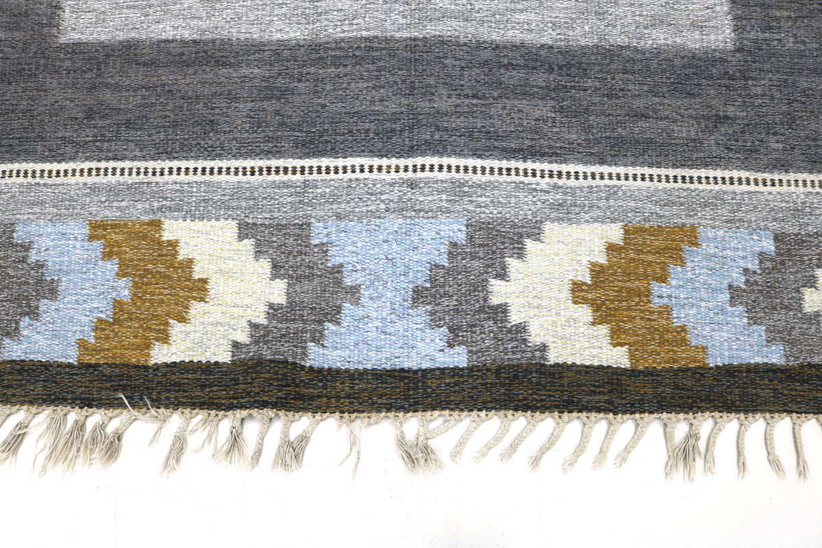 Close-up of Swedish Kilim rug border featuring repeating geometric patterns in blue, ochre and ivory
