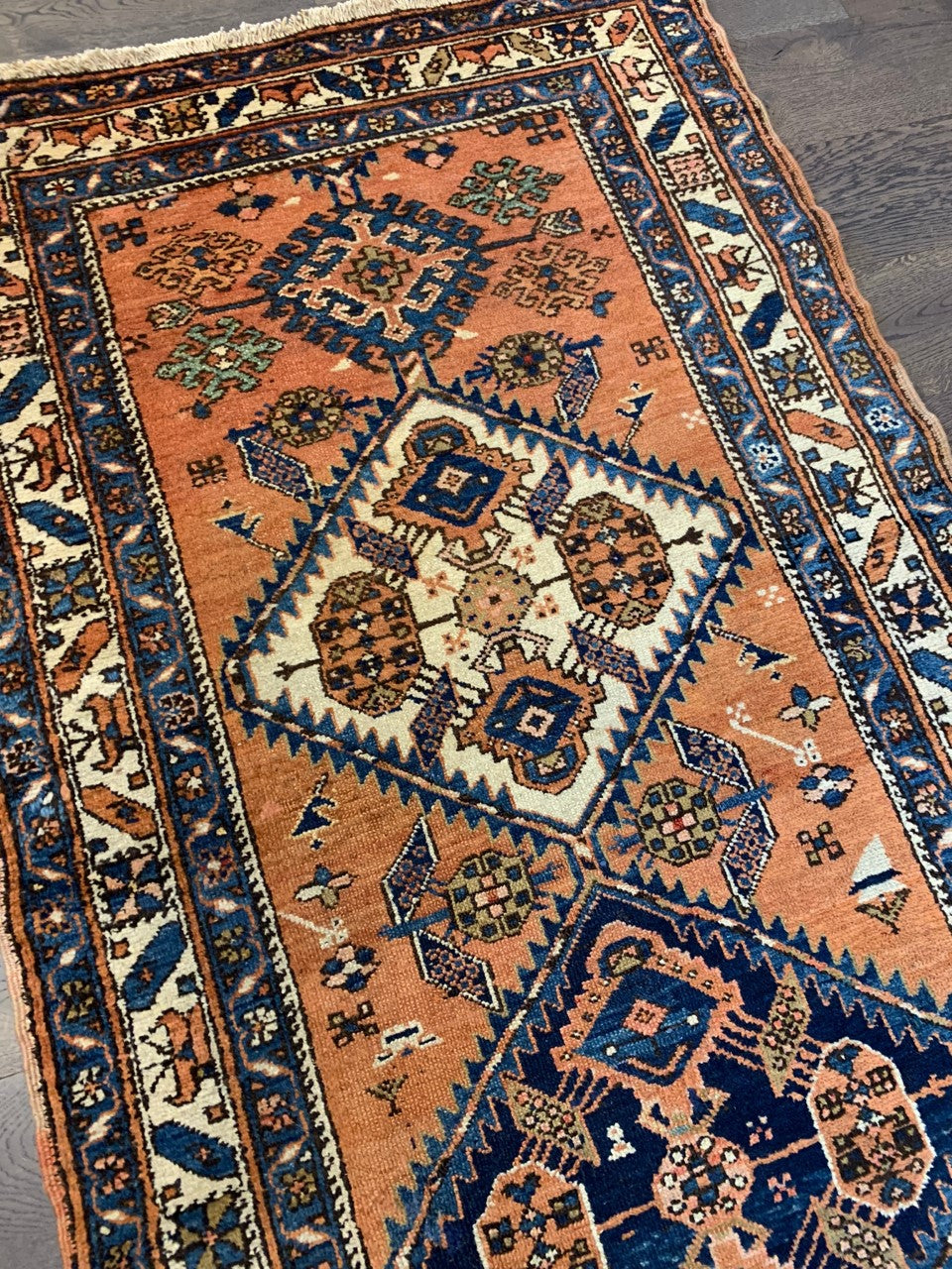 Full Heriz Karaja runner showing repeated geometric medallions and decorative borders