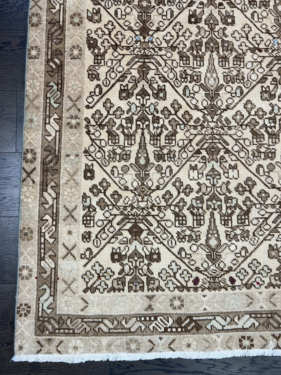 Vintage Afshar rug with earthy beige field, intricate geometric motifs and detailed borders