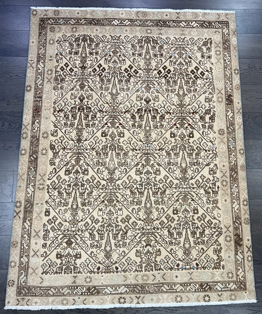 Full Afshar rug showing balanced geometric composition with repeating central motifs