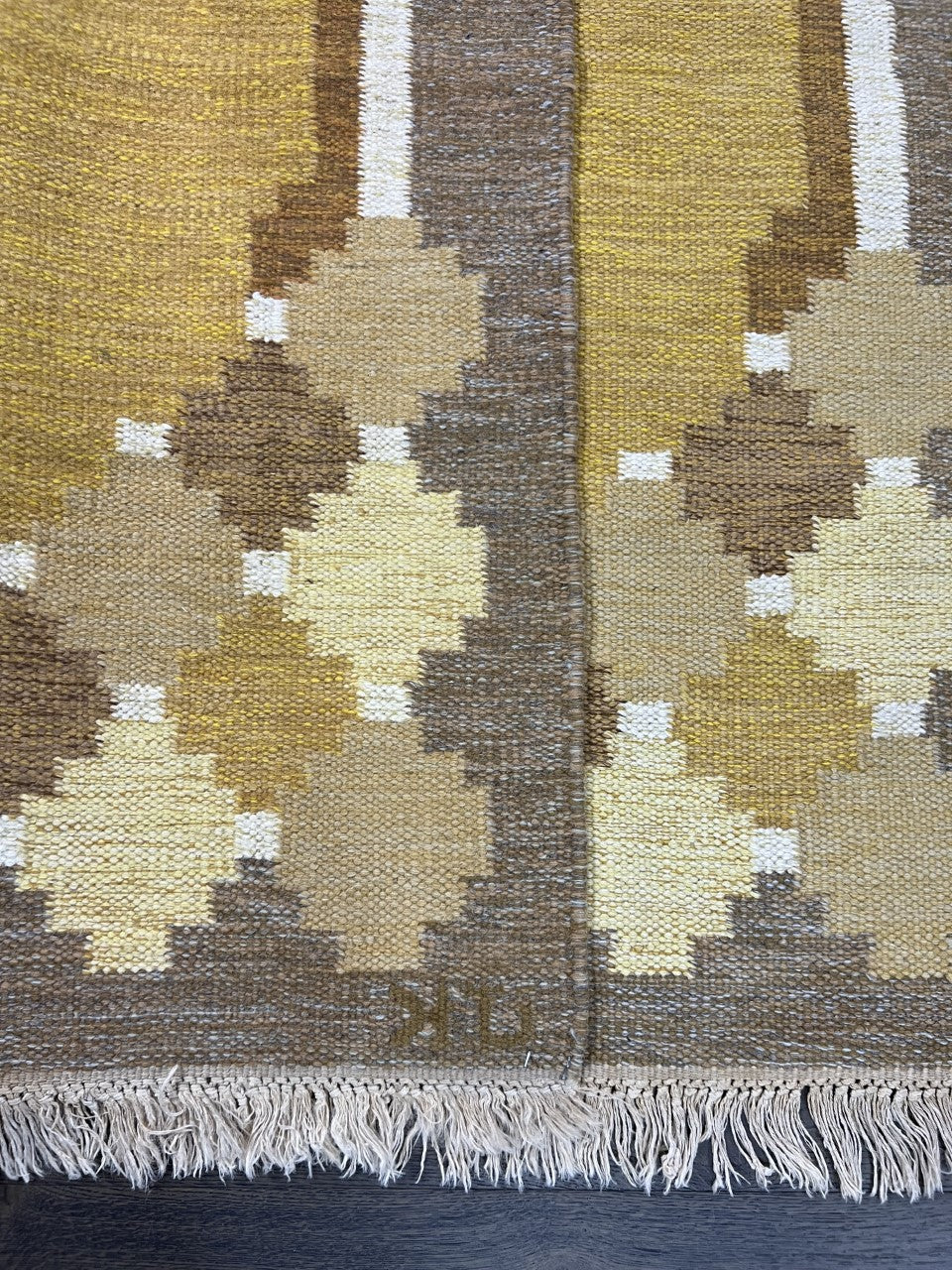 Detailed Kilim section featuring vertical geometric motifs in cream, grey and ochre